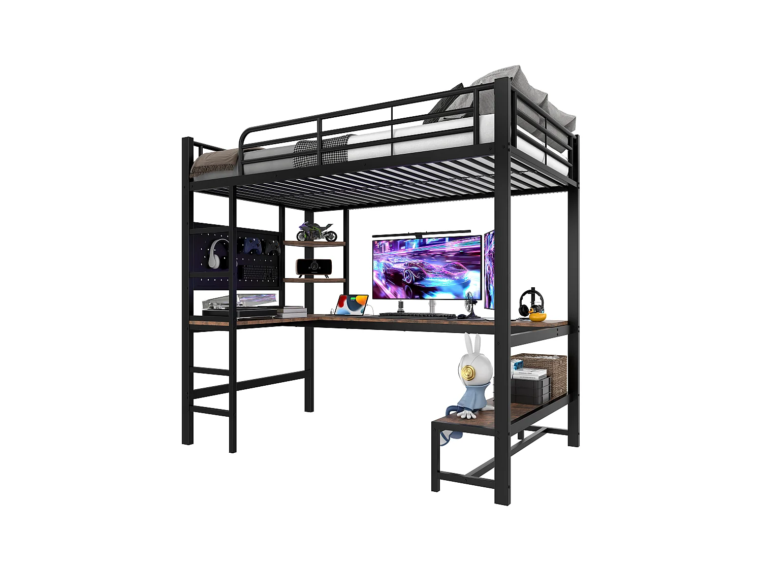 Lit mezzanine 90x200cm - avec bureau + garde-corps - avec prises USB + Type-C - avec bande lumineuse LED - noir