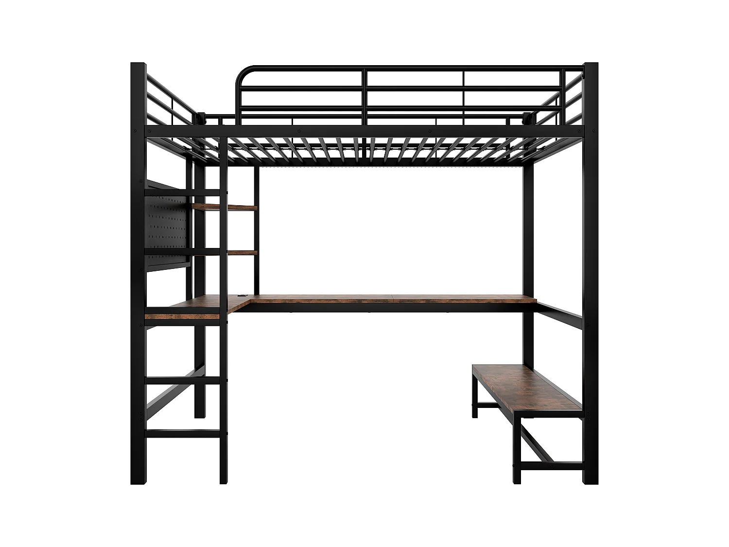 Lit mezzanine 90x200cm - avec bureau + garde-corps - avec prises USB + Type-C - avec bande lumineuse LED - noir