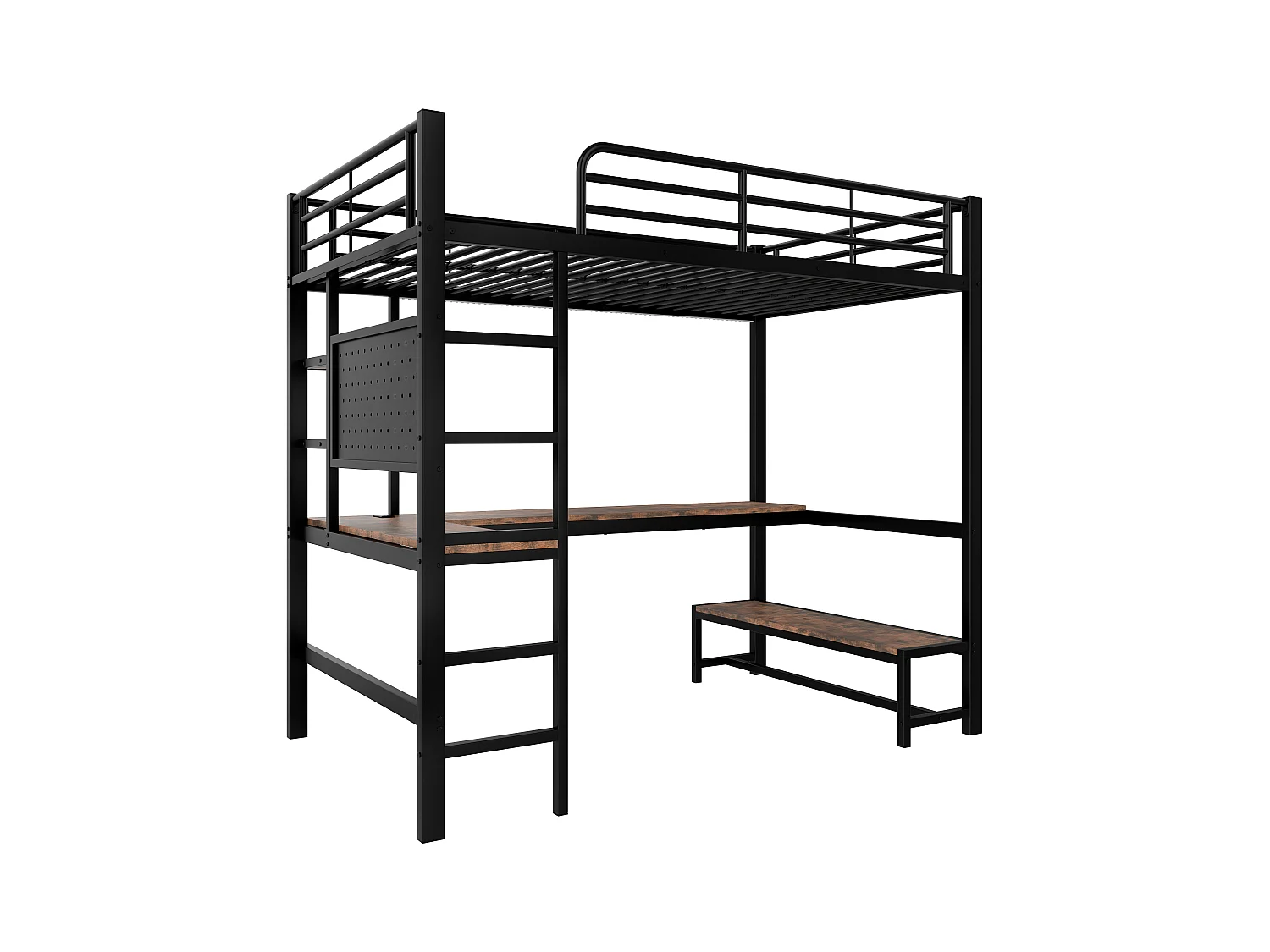 Lit mezzanine 90x200cm - avec bureau + garde-corps - avec prises USB + Type-C - avec bande lumineuse LED - noir