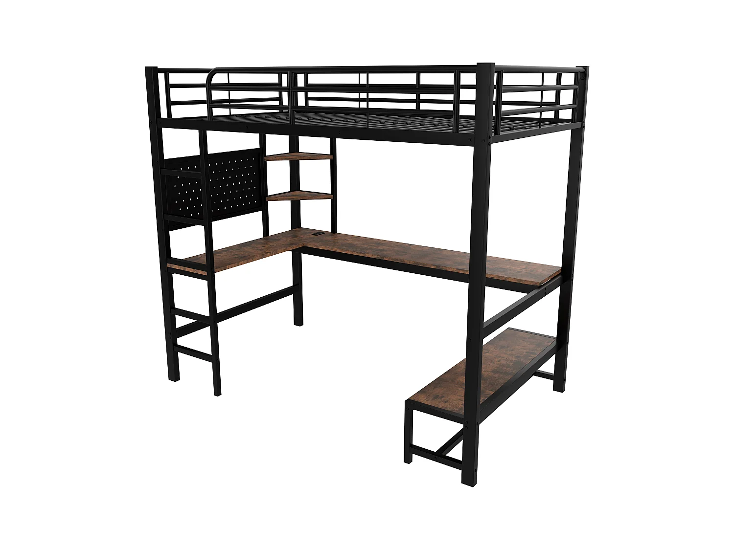 Lit mezzanine 90x200cm - avec bureau + garde-corps - avec prises USB + Type-C - avec bande lumineuse LED - noir