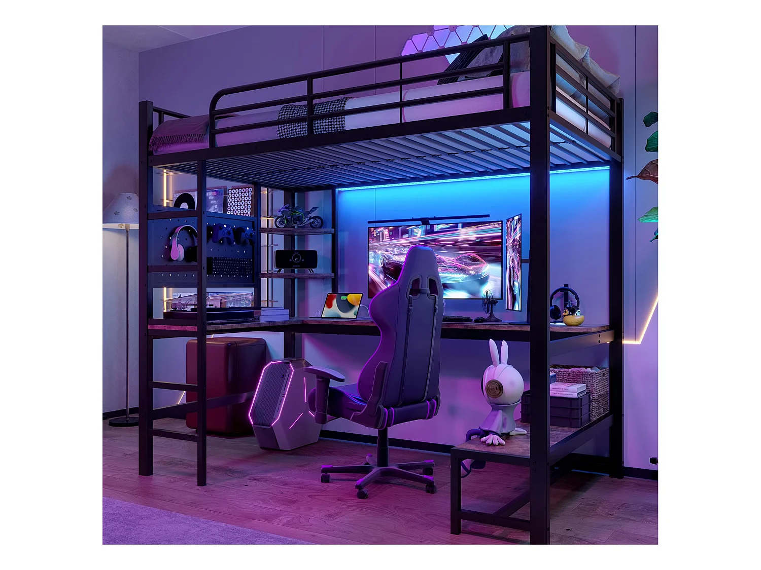 Lit mezzanine 90x200cm - avec bureau + garde-corps - avec prises USB + Type-C - avec bande lumineuse LED - noir