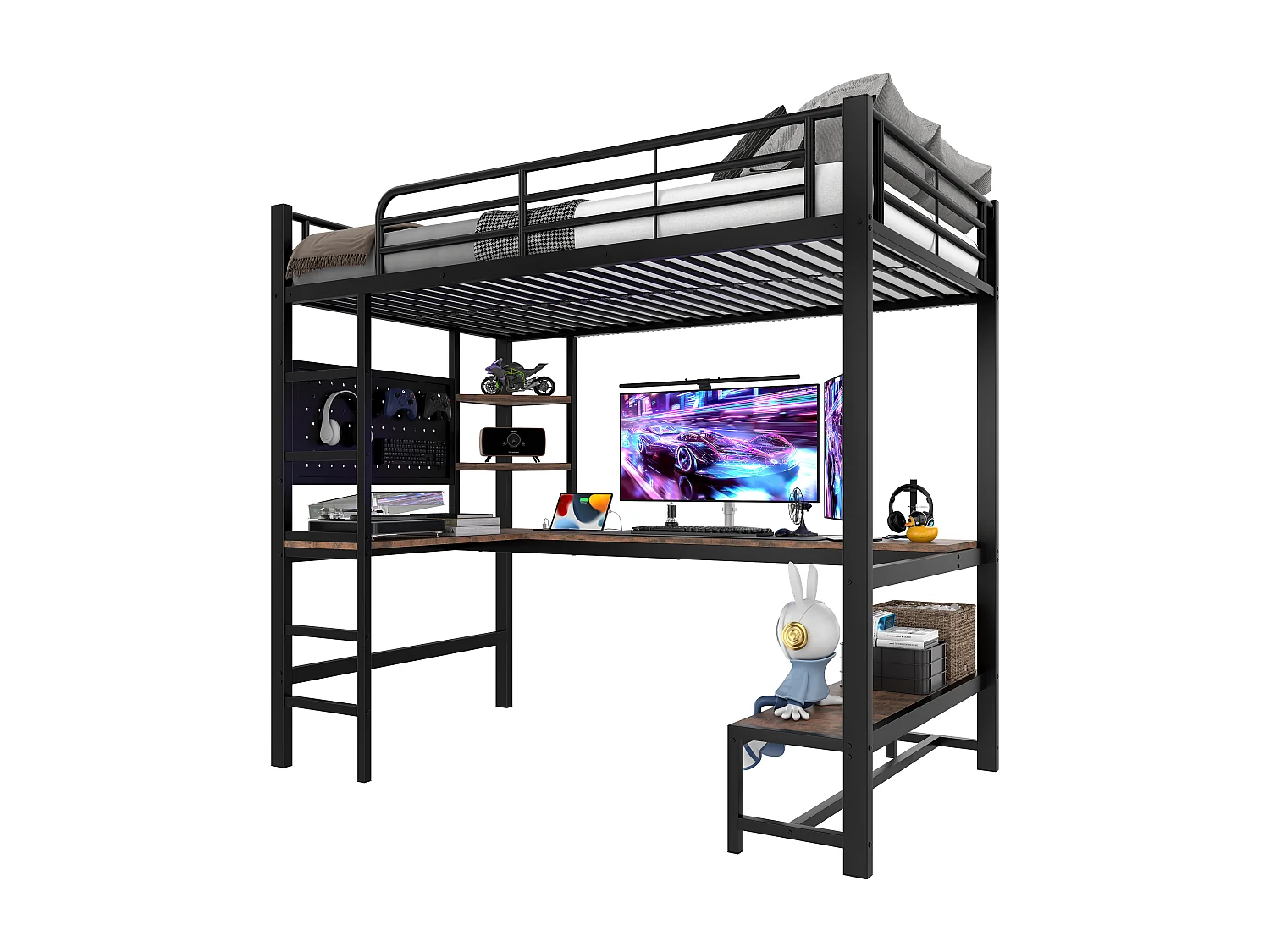 Lit mezzanine 90x200cm - avec bureau + garde-corps - avec prises USB + Type-C - avec bande lumineuse LED - noir