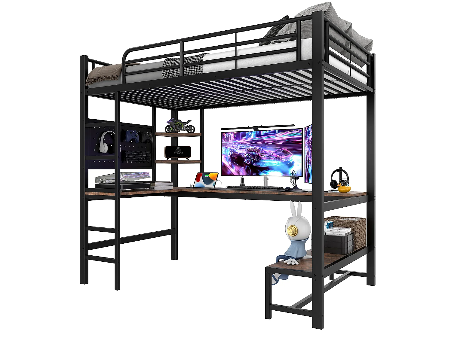 Hochbett 90x200cm - mit Schreibtisch + Geländer - mit USB + Type-C Anschlüssen - mit LED-Lichtleiste - schwarz