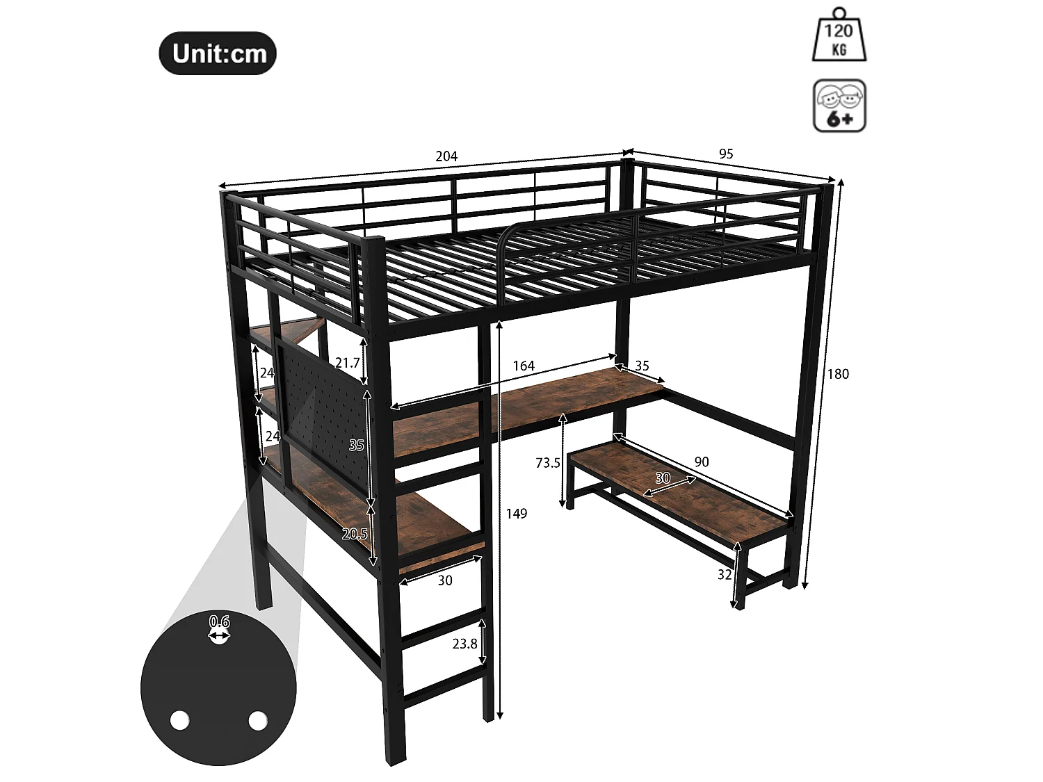 Hochbett 90x200cm - mit Schreibtisch + Geländer - mit USB + Type-C Anschlüssen - mit LED-Lichtleiste - schwarz