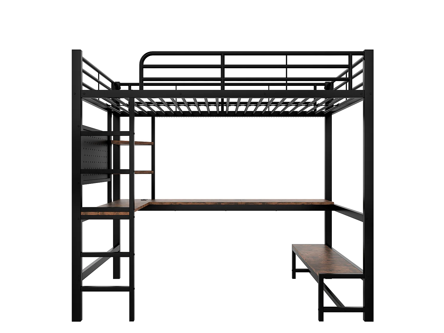 Hochbett 90x200cm - mit Schreibtisch + Geländer - mit USB + Type-C Anschlüssen - mit LED-Lichtleiste - schwarz