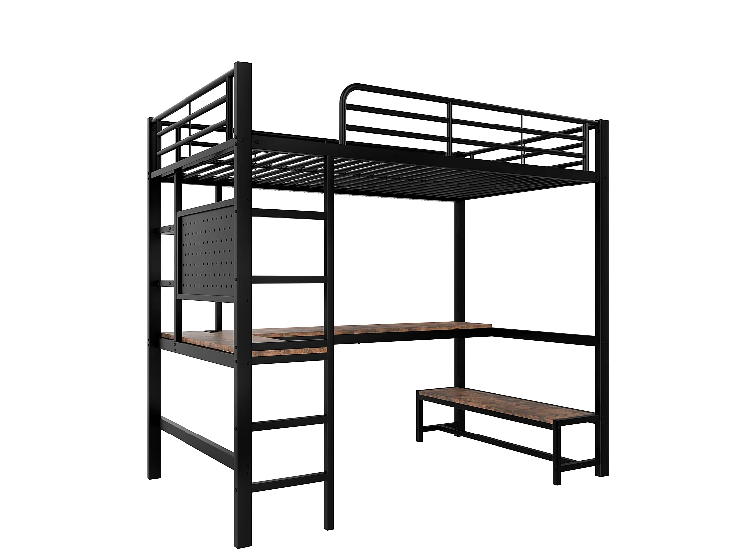 Hochbett 90x200cm - mit Schreibtisch + Geländer - mit USB + Type-C Anschlüssen - mit LED-Lichtleiste - schwarz