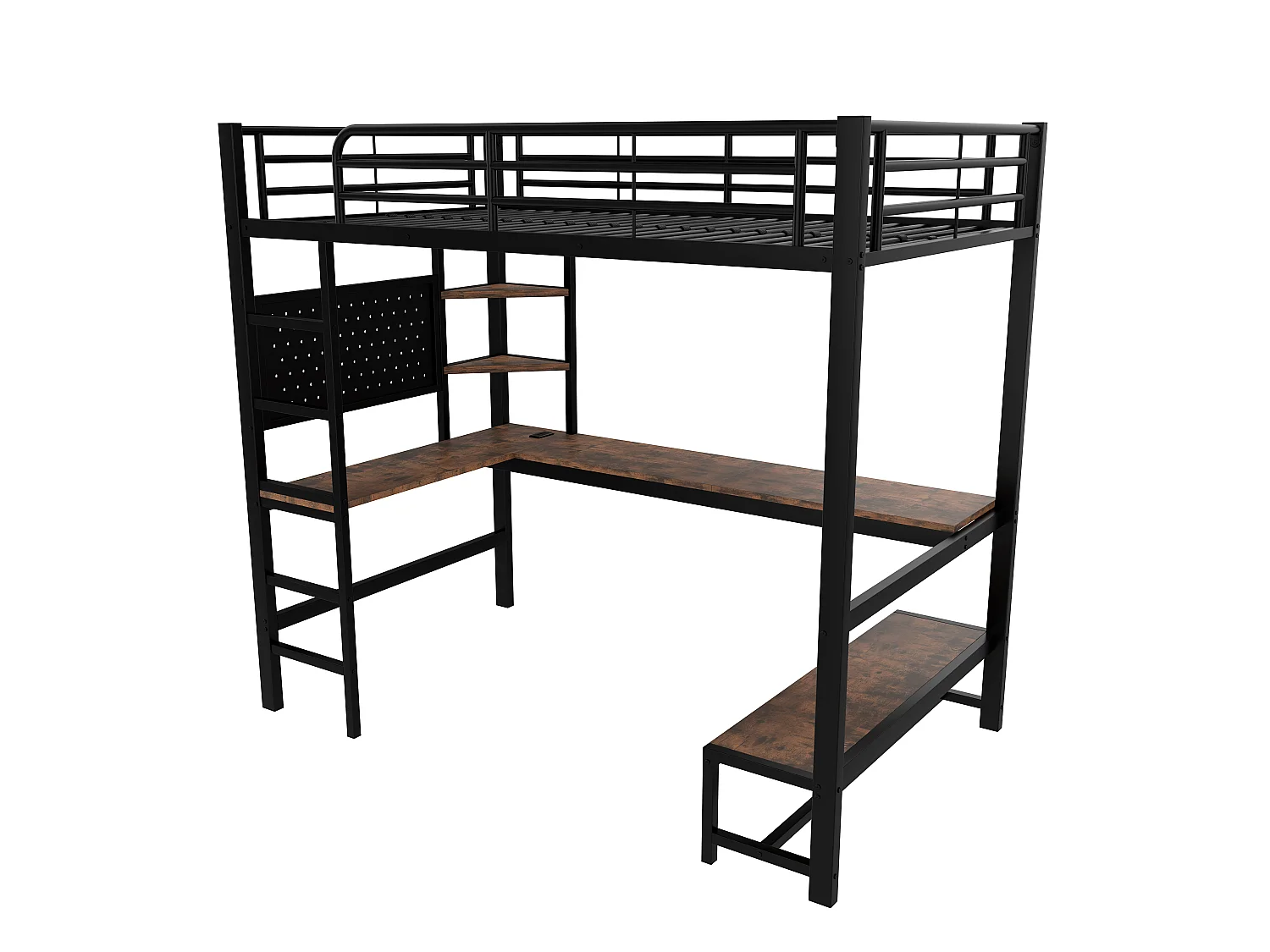Hochbett 90x200cm - mit Schreibtisch + Geländer - mit USB + Type-C Anschlüssen - mit LED-Lichtleiste - schwarz