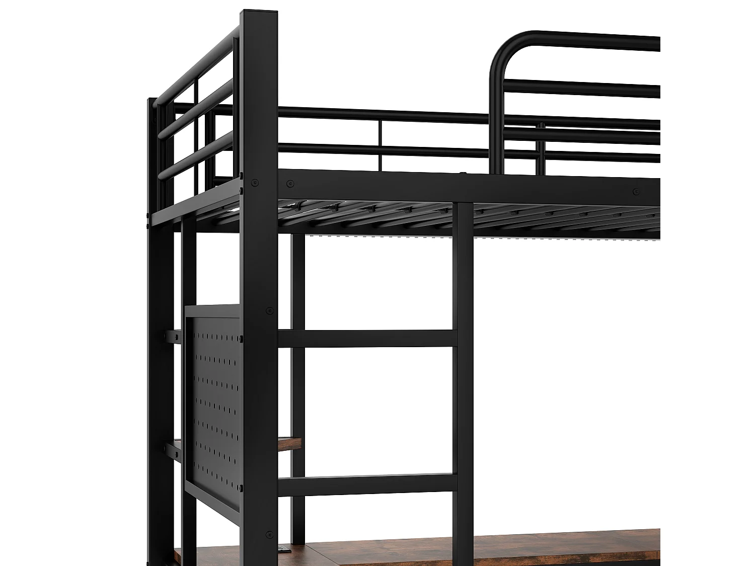 Hochbett 90x200cm - mit Schreibtisch + Geländer - mit USB + Type-C Anschlüssen - mit LED-Lichtleiste - schwarz