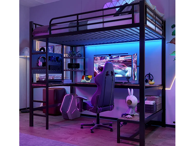 Hochbett 90x200cm - mit Schreibtisch + Geländer - mit USB + Type-C Anschlüssen - mit LED-Lichtleiste - schwarz