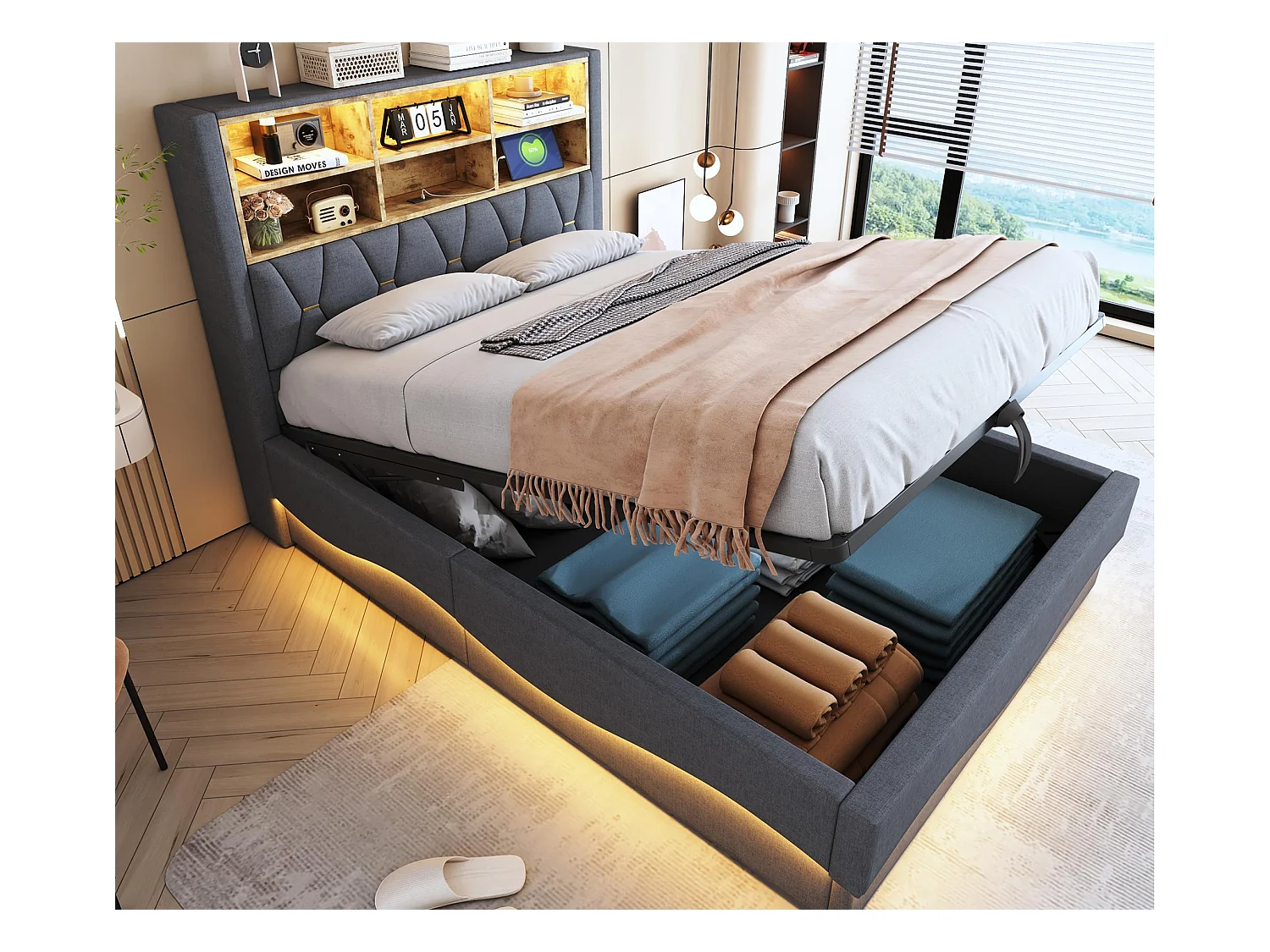 Letto con contenitore per bambini 140x200 cm - con striscia luminosa LED - con porta di ricarica USB - lino - grigio (senza materasso)