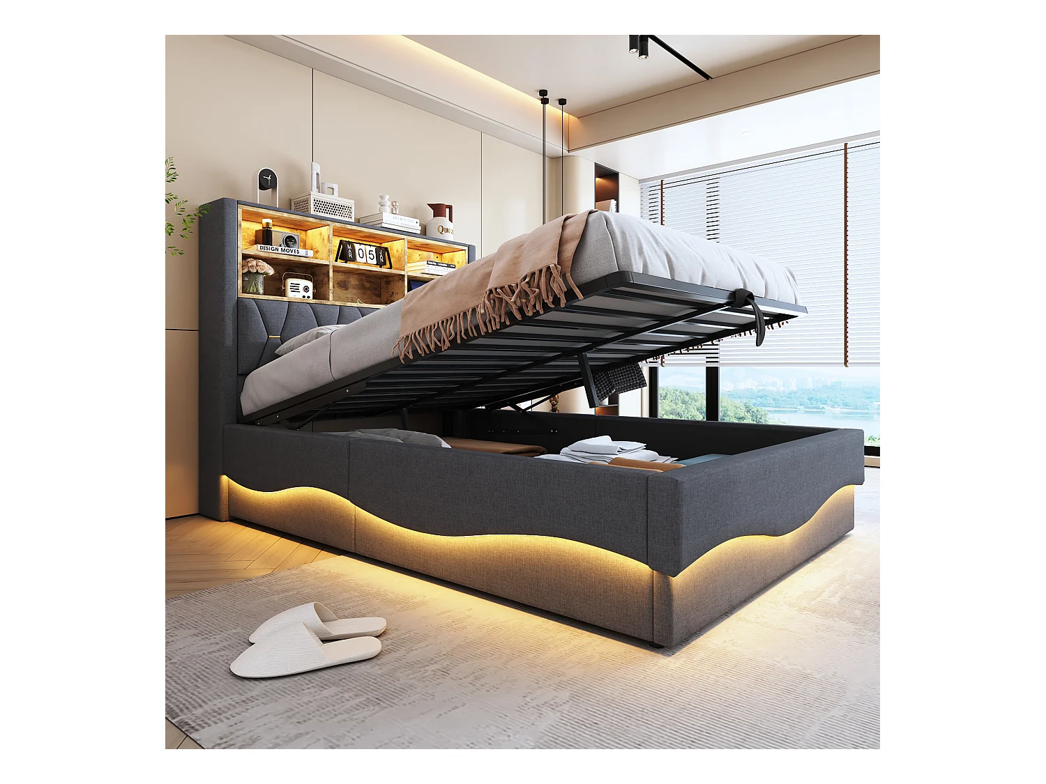 Letto con contenitore per bambini 140x200 cm - con striscia luminosa LED - con porta di ricarica USB - lino - grigio (senza materasso)