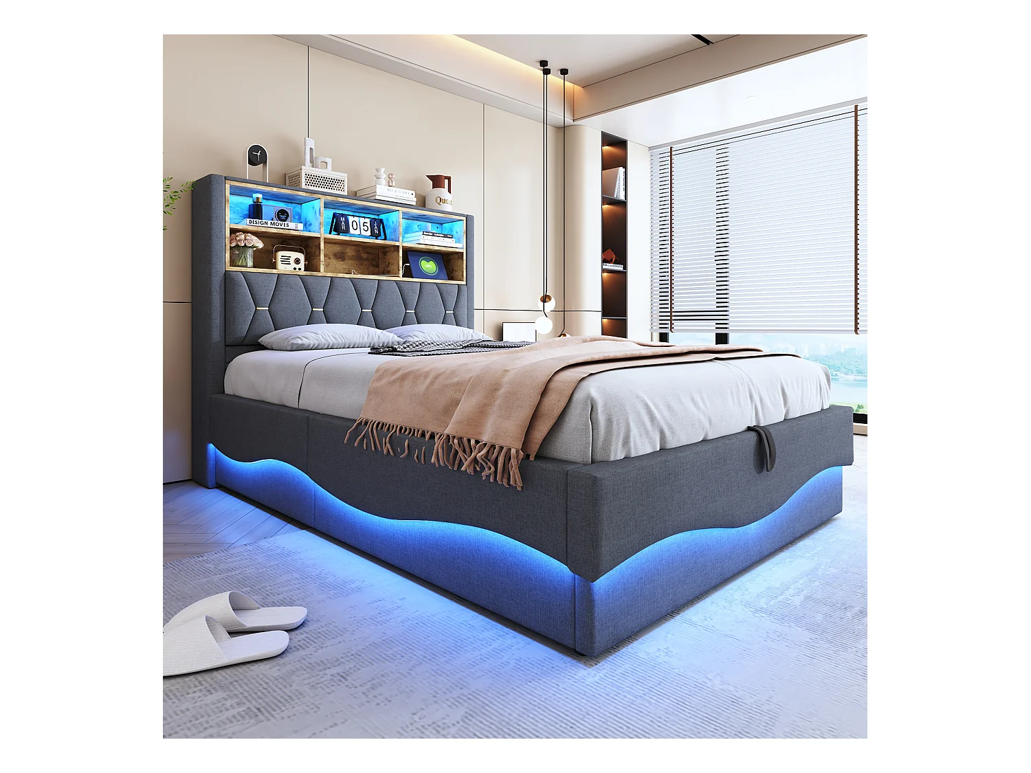 Letto con contenitore per bambini 140x200 cm - con striscia luminosa LED - con porta di ricarica USB - lino - grigio (senza materasso)