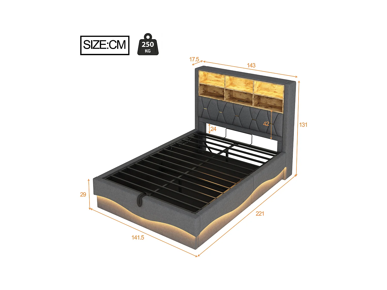 Letto con contenitore per bambini 140x200 cm - con striscia luminosa LED - con porta di ricarica USB - lino - grigio (senza materasso)