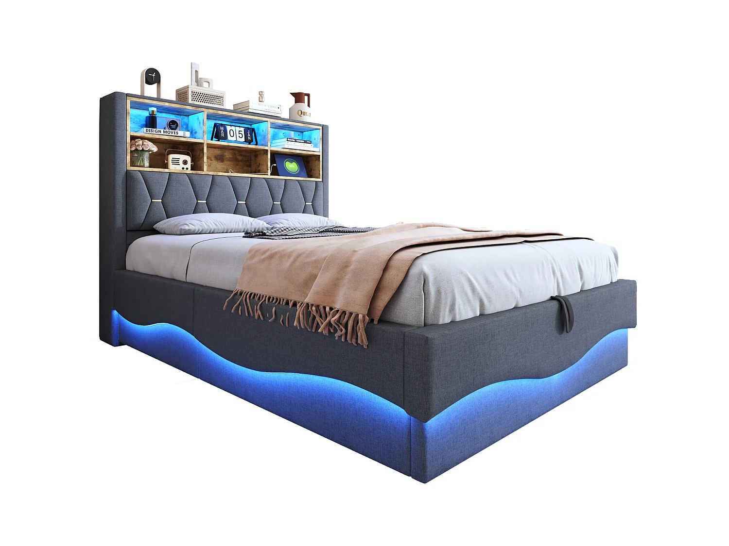 Letto con contenitore per bambini 140x200 cm - con striscia luminosa LED - con porta di ricarica USB - lino - grigio (senza materasso)