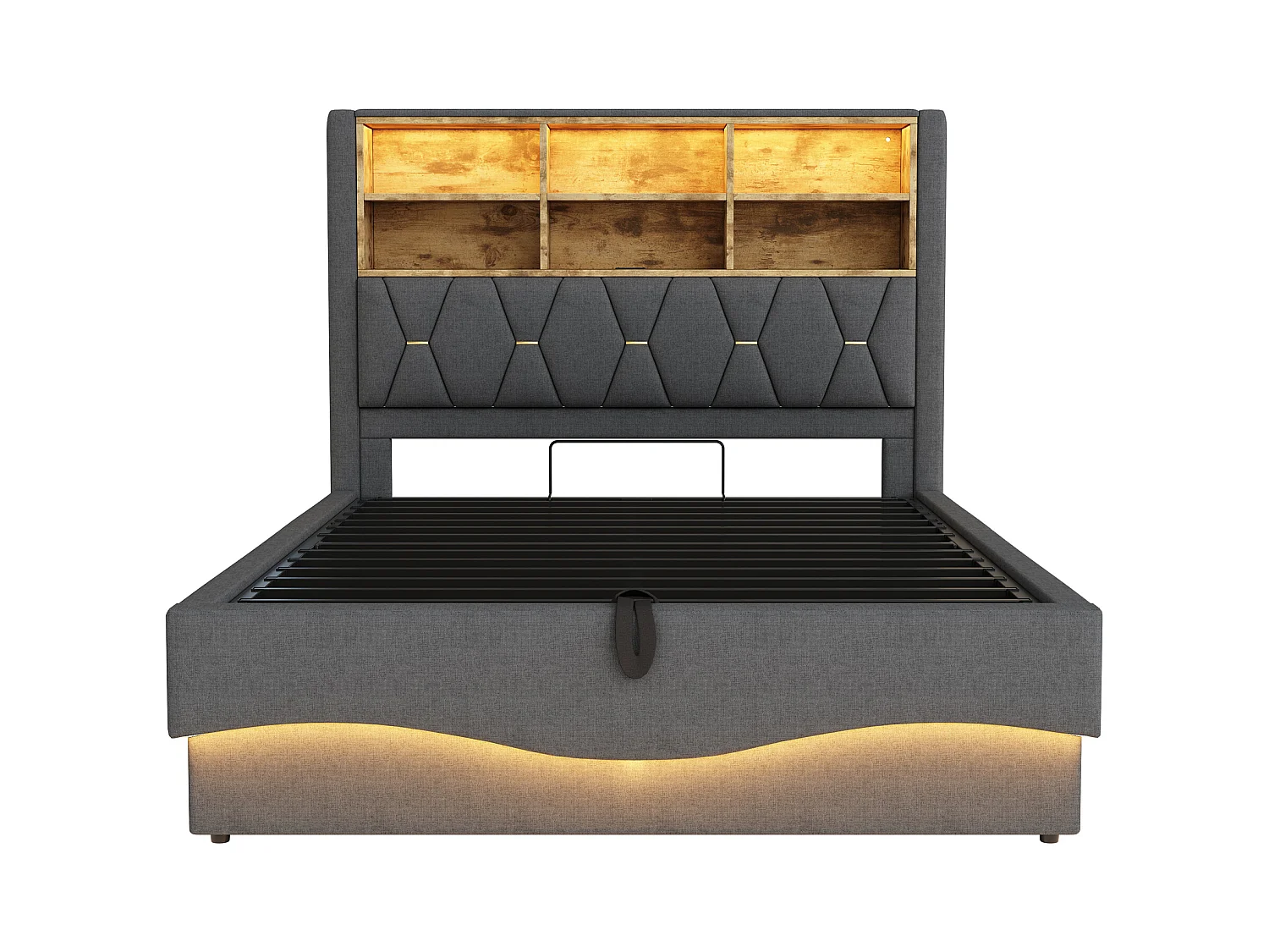 Letto con contenitore per bambini 140x200 cm - con striscia luminosa LED - con porta di ricarica USB - lino - grigio (senza materasso)