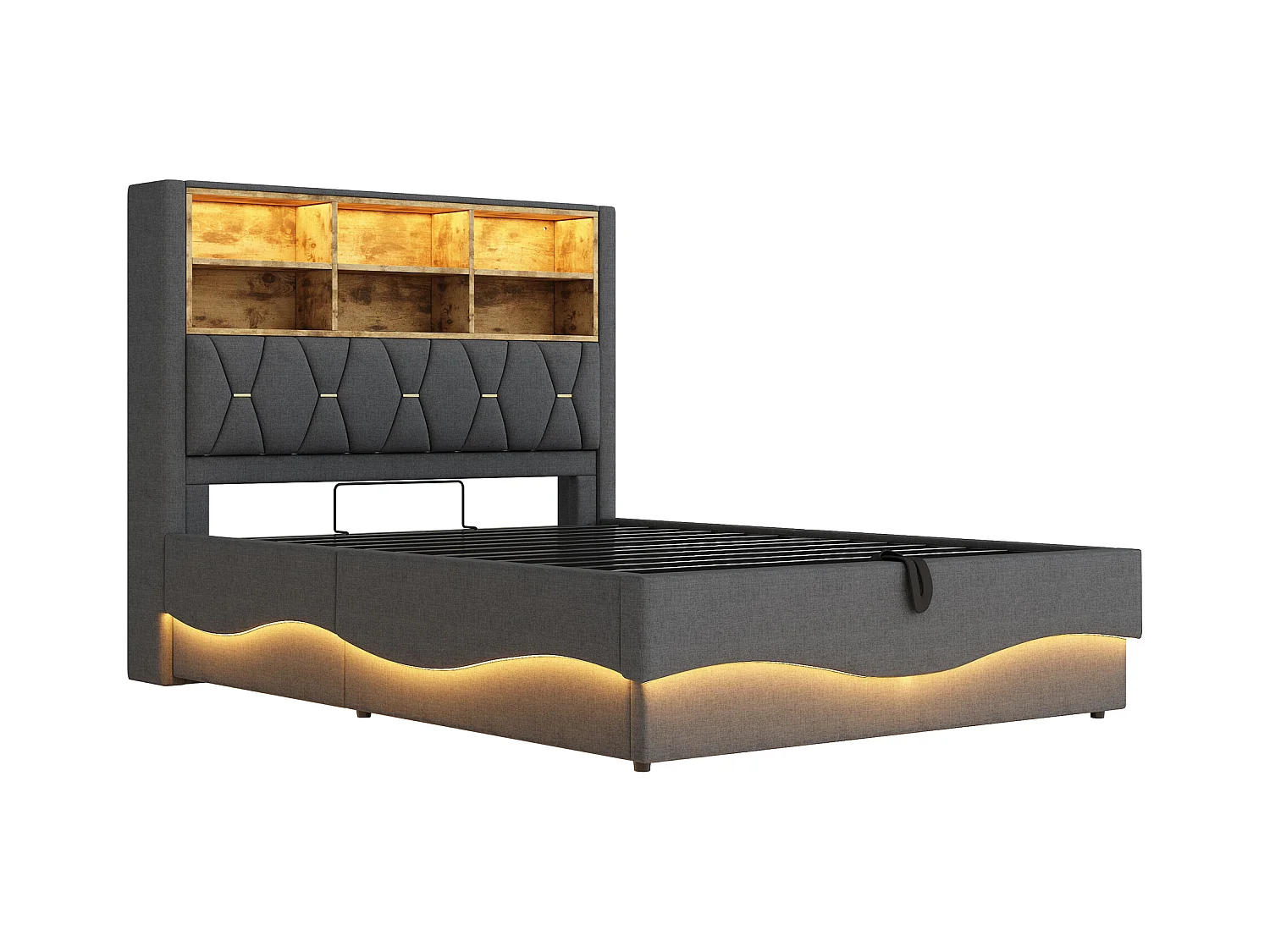 Letto con contenitore per bambini 140x200 cm - con striscia luminosa LED - con porta di ricarica USB - lino - grigio (senza materasso)