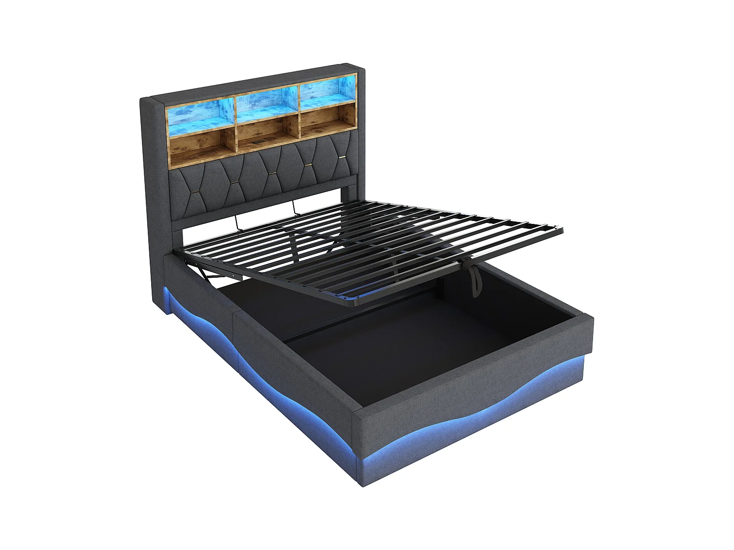 Letto con contenitore per bambini 140x200 cm - con striscia luminosa LED - con porta di ricarica USB - lino - grigio (senza materasso)