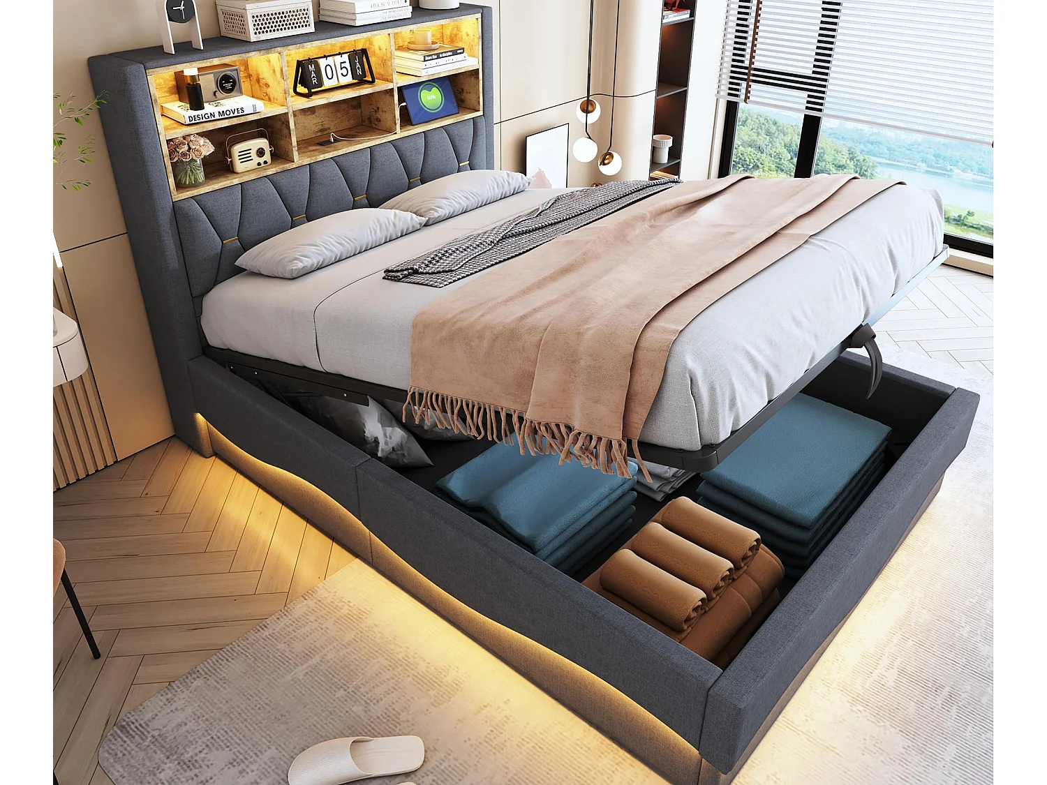 Lit coffre 140×200 cm - avec bande lumineuse LED - avec port de charge USB - lin - gris (sans matelas)