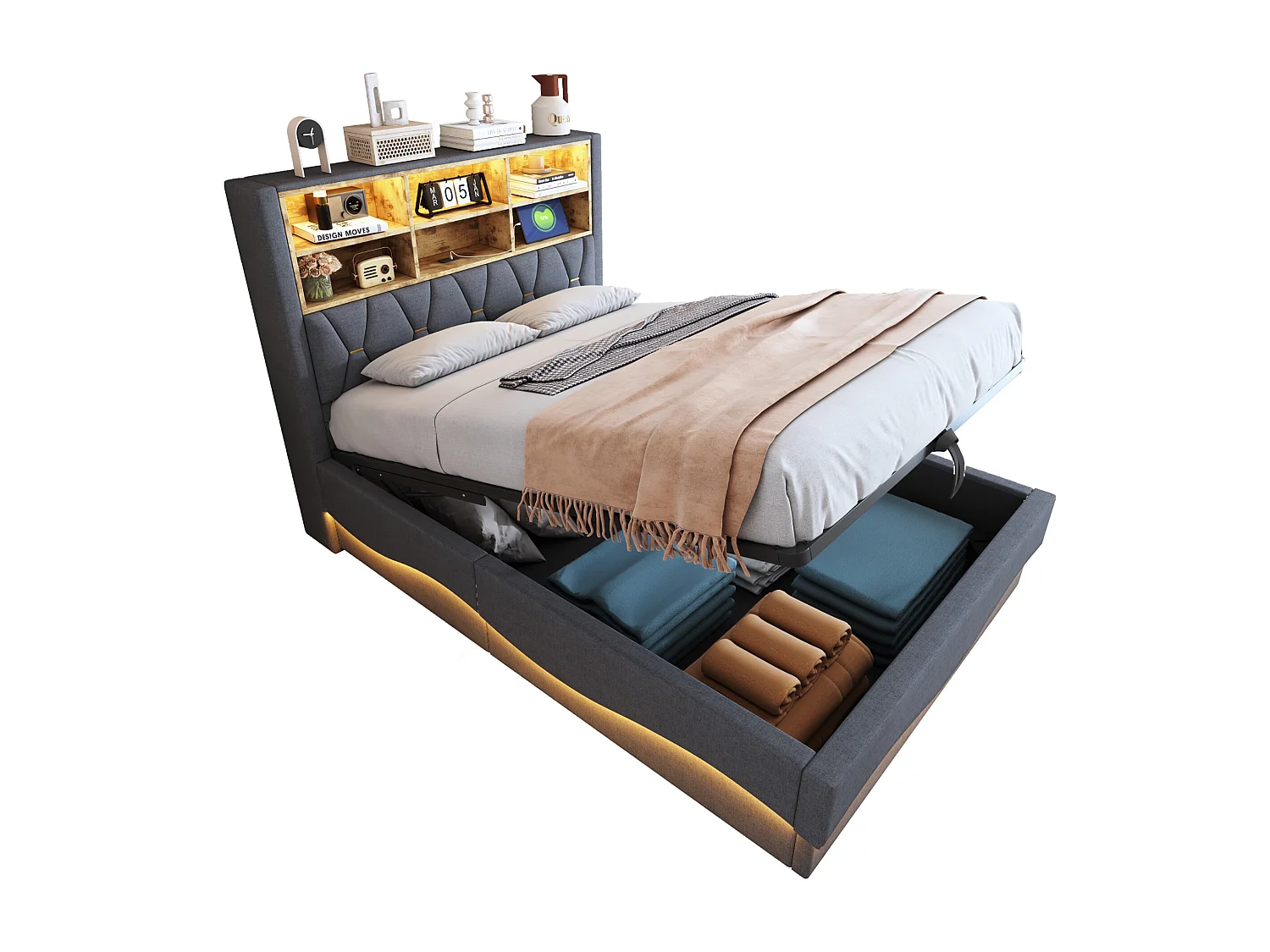 Lit coffre 140×200 cm - avec bande lumineuse LED - avec port de charge USB - lin - gris (sans matelas)