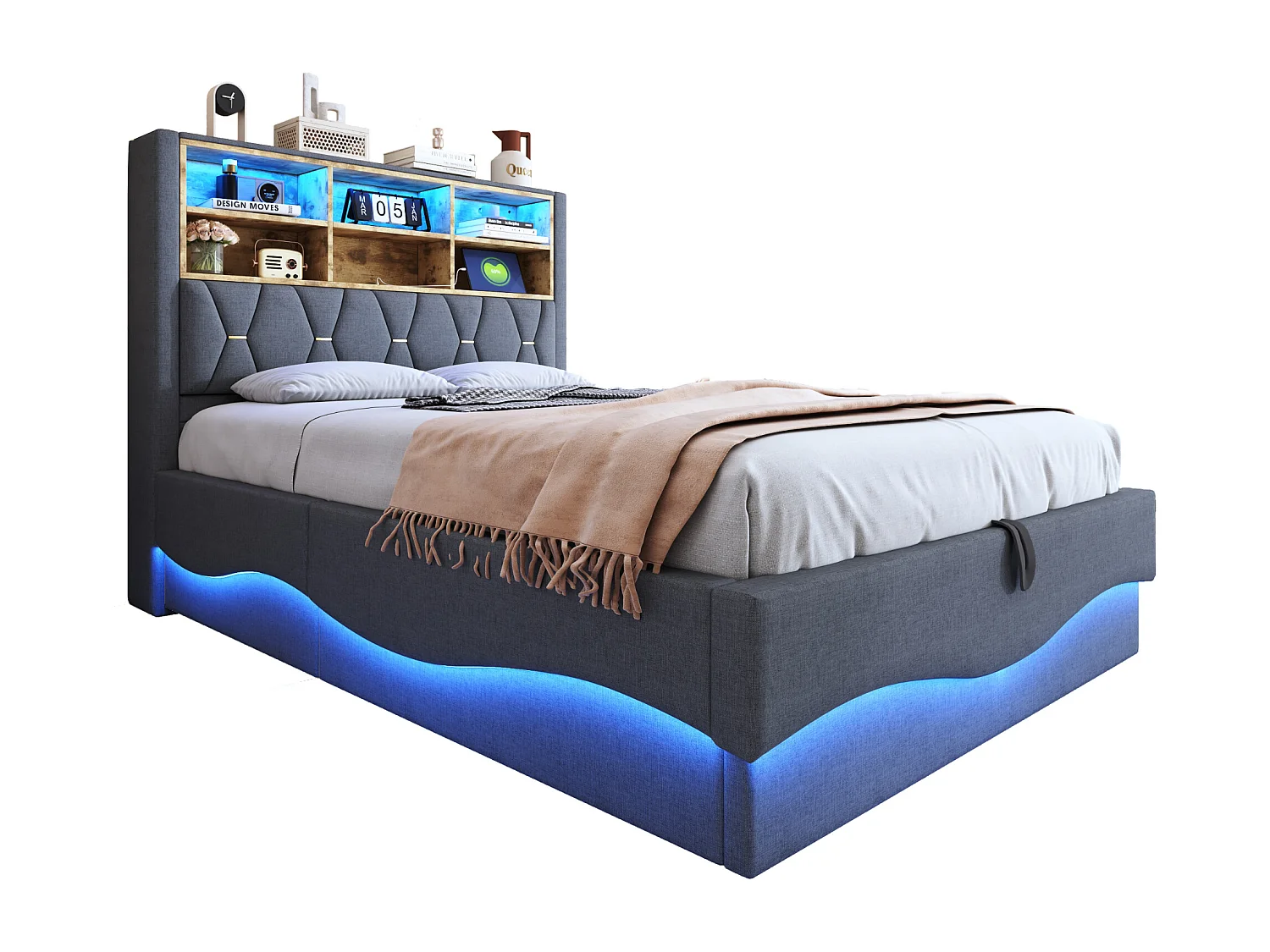 Lit coffre 140×200 cm - avec bande lumineuse LED - avec port de charge USB - lin - gris (sans matelas)