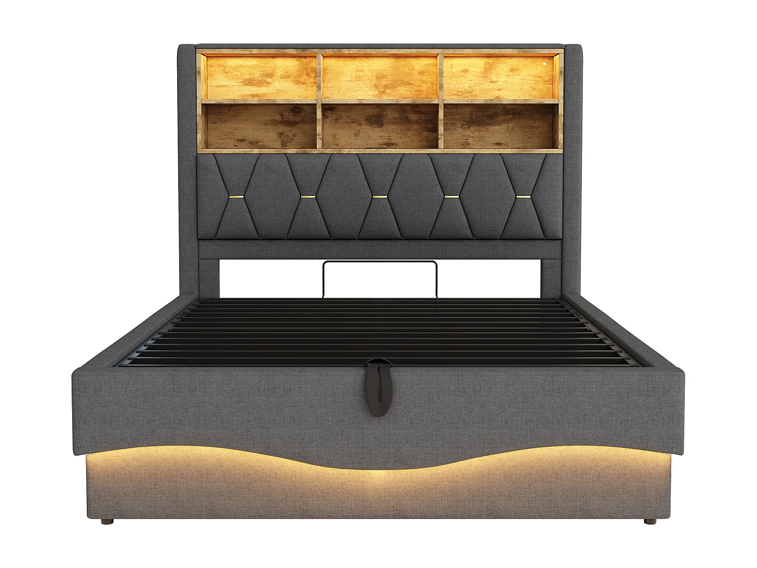 Lit coffre 140×200 cm - avec bande lumineuse LED - avec port de charge USB - lin - gris (sans matelas)