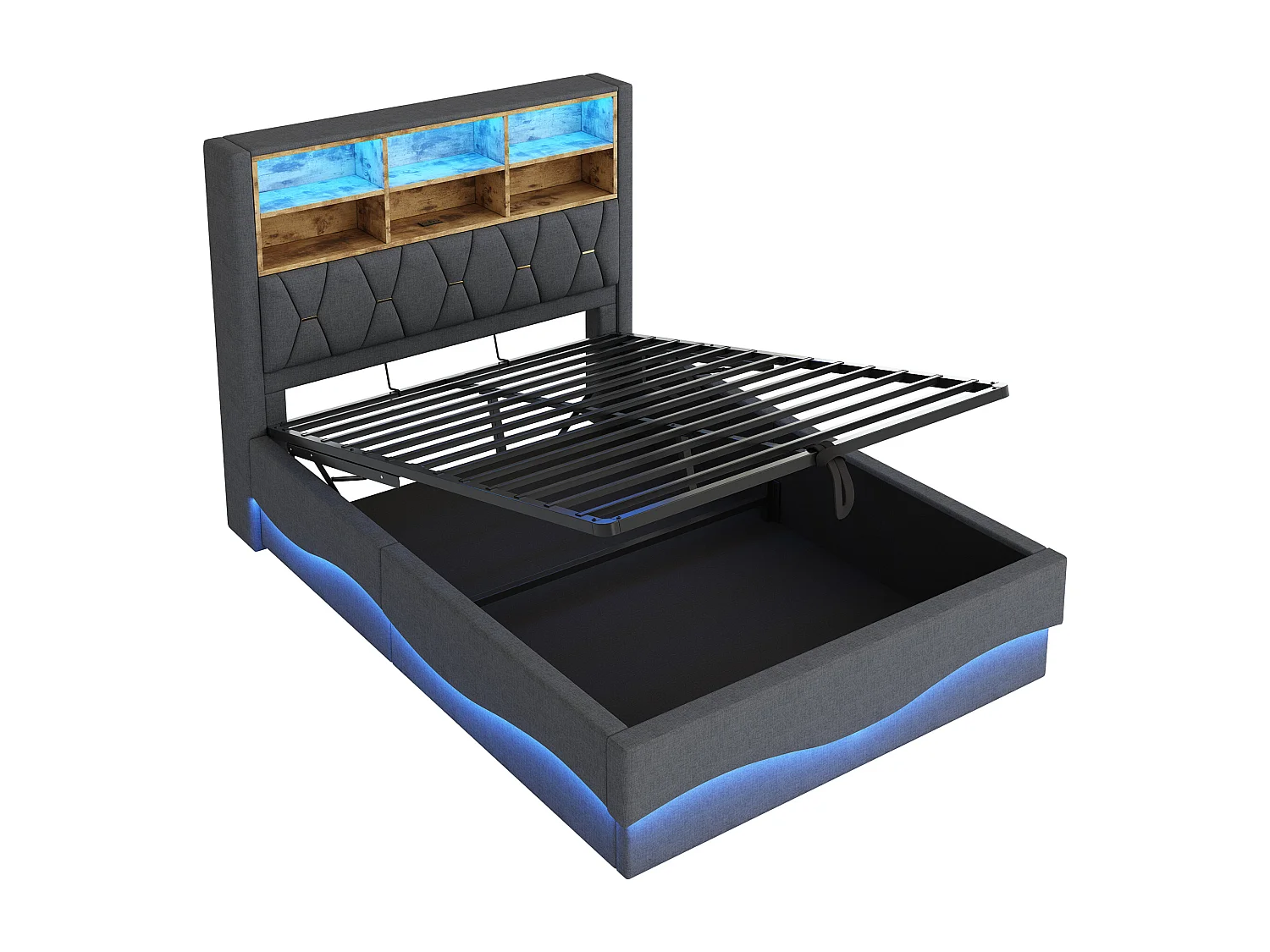 Lit coffre 140×200 cm - avec bande lumineuse LED - avec port de charge USB - lin - gris (sans matelas)