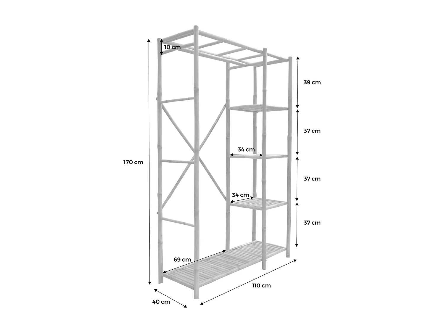 Armoire dressing en bambou. 3 étagères L110 x P40 x H170cm