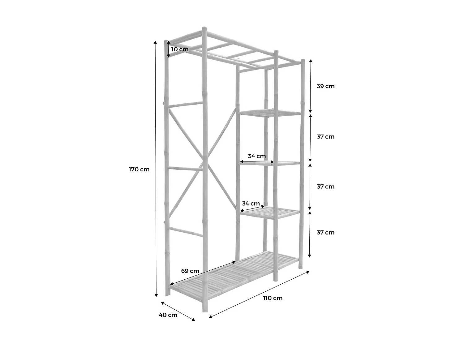 Armoire dressing en bambou. 3 étagères L110 x P40 x H170cm