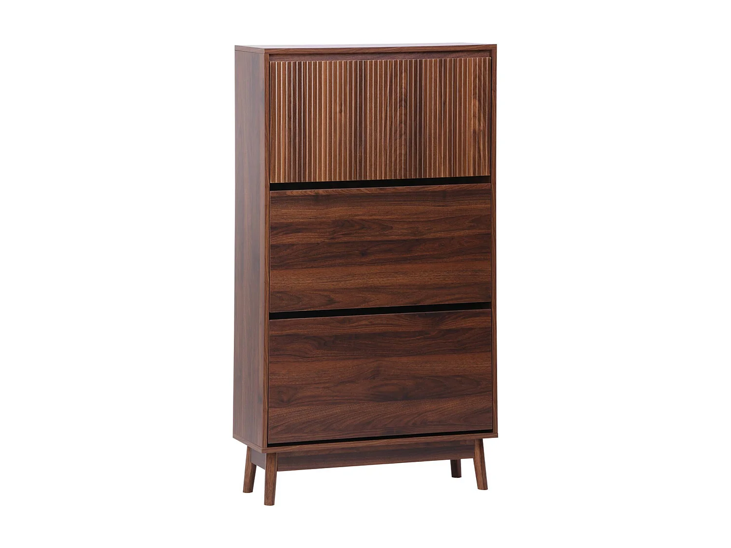 Meuble à chaussures scandinave décor bois noyer 3 portes abattantes capacité 18 paires de chaussures