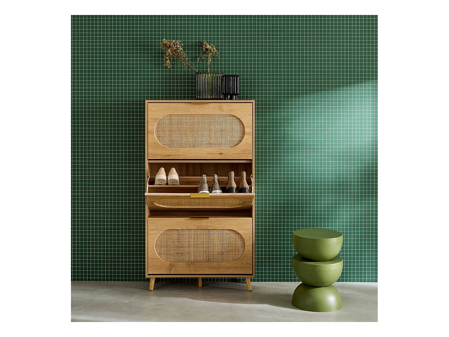 Meuble à chaussures décor bois et cannage 3 tiroirs. poignées en métal - L 75 x P 26 x H 131 cm - Eva