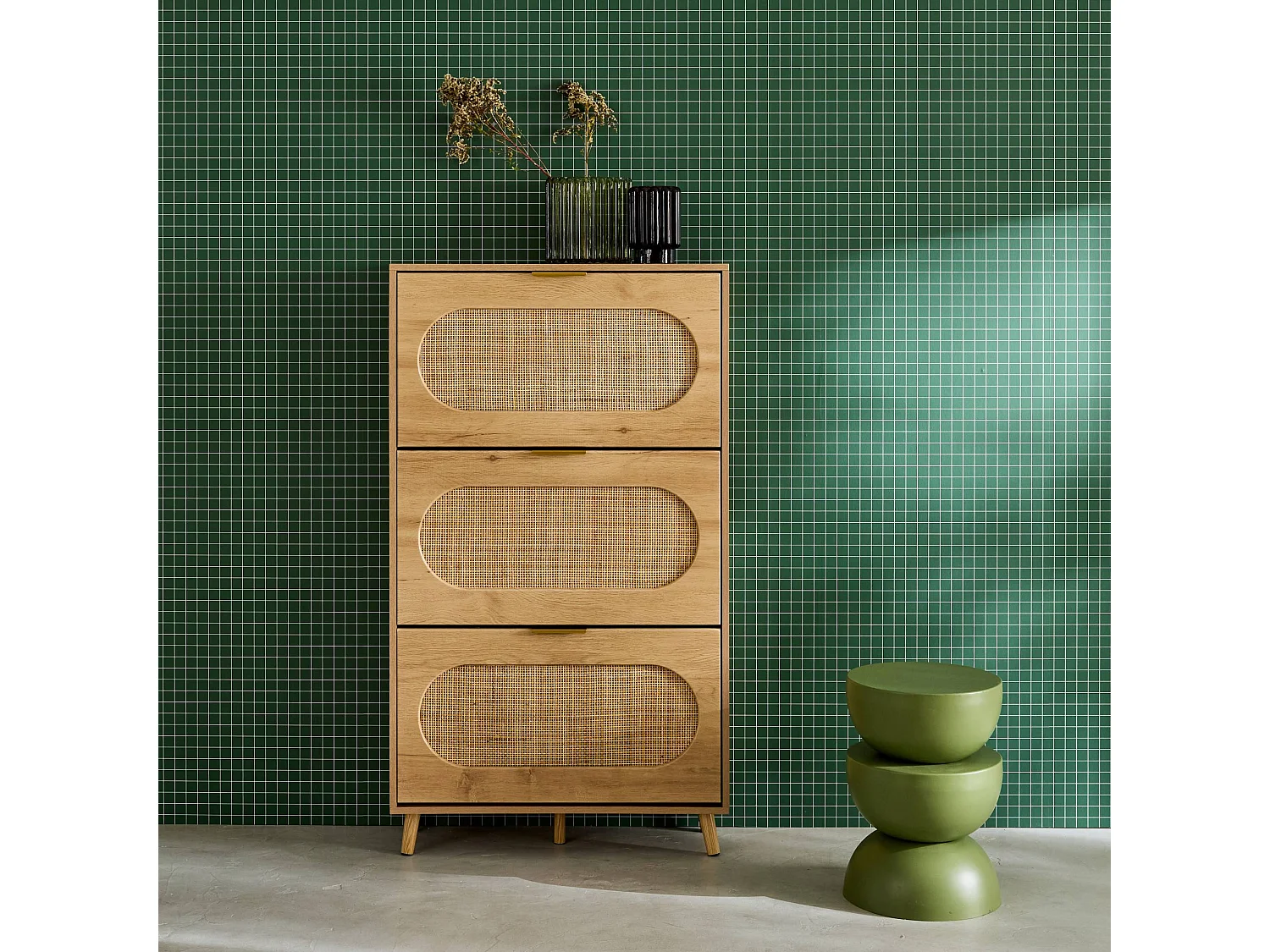 Scarpiera in legno con cassetti in canna intrecciata, 3 cassetti,