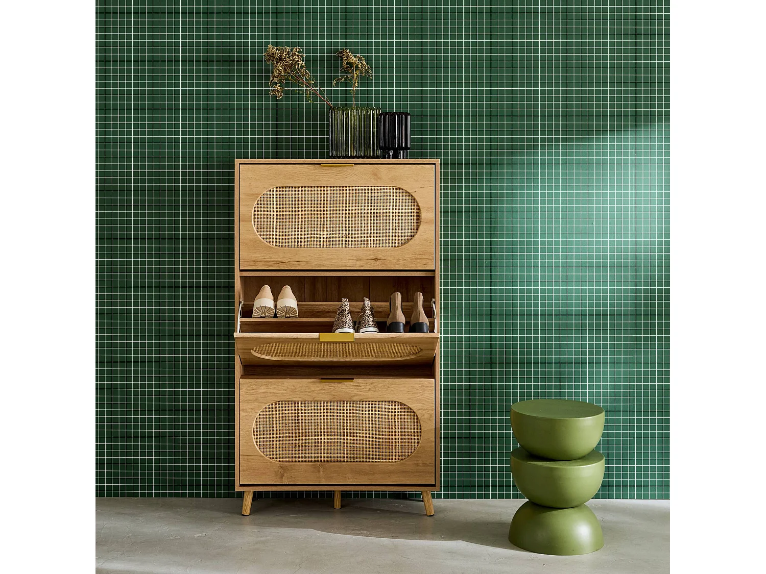 Scarpiera in legno con cassetti in canna intrecciata, 3 cassetti,