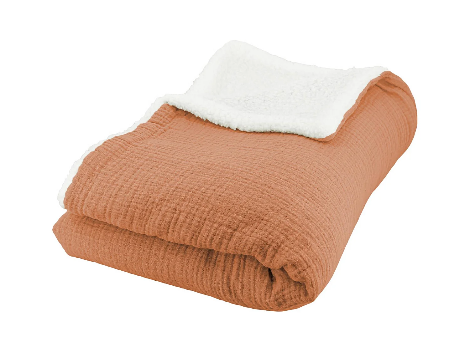 Plaid sherpa et gaze de coton 130 x 170 cm caramel. ALIX. bi-matière