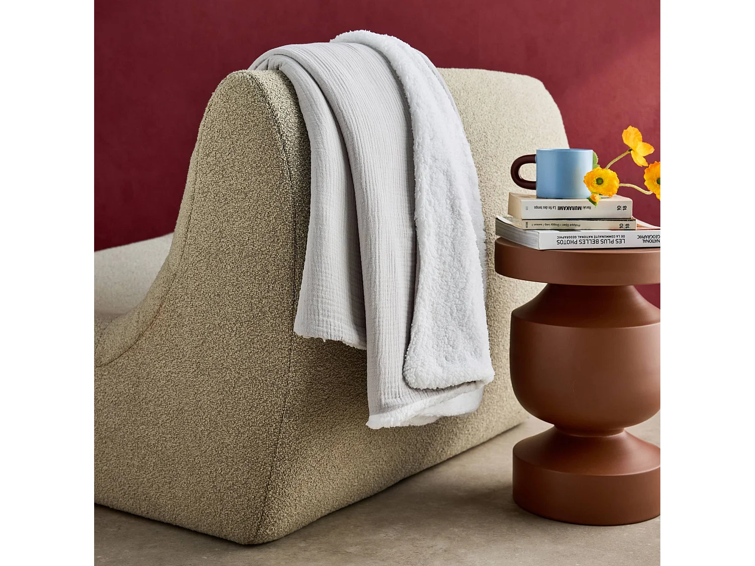 Manta en borreguito y gasa de algodón, 130cm gris