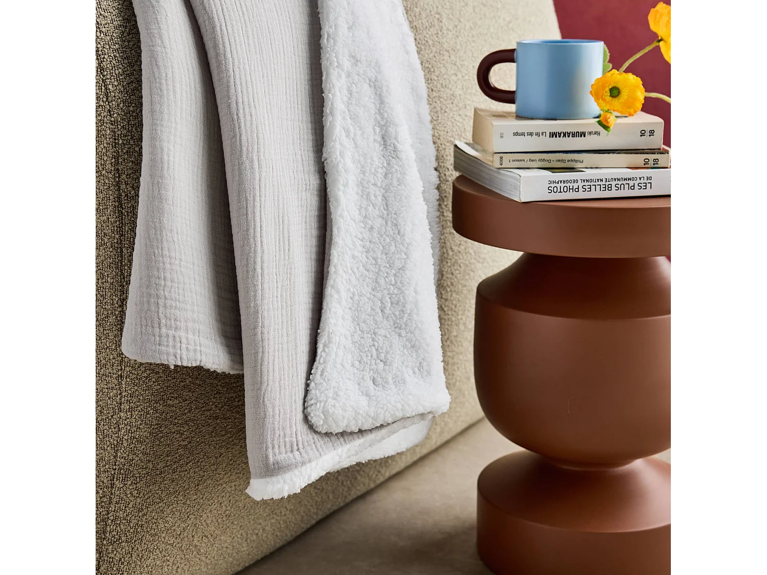 Manta en borreguito y gasa de algodón, 130cm gris