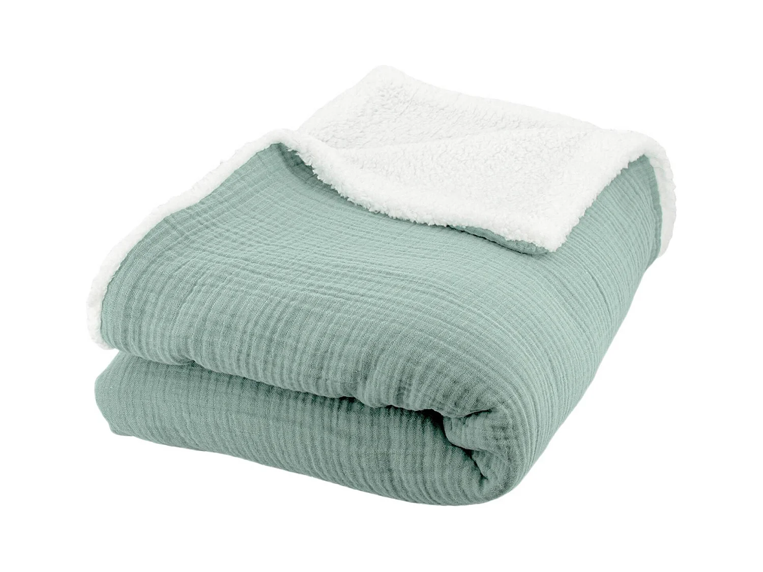 Plaid sherpa et gaze de coton 130 x 170 cm vert amande. ALIX. bi-matière
