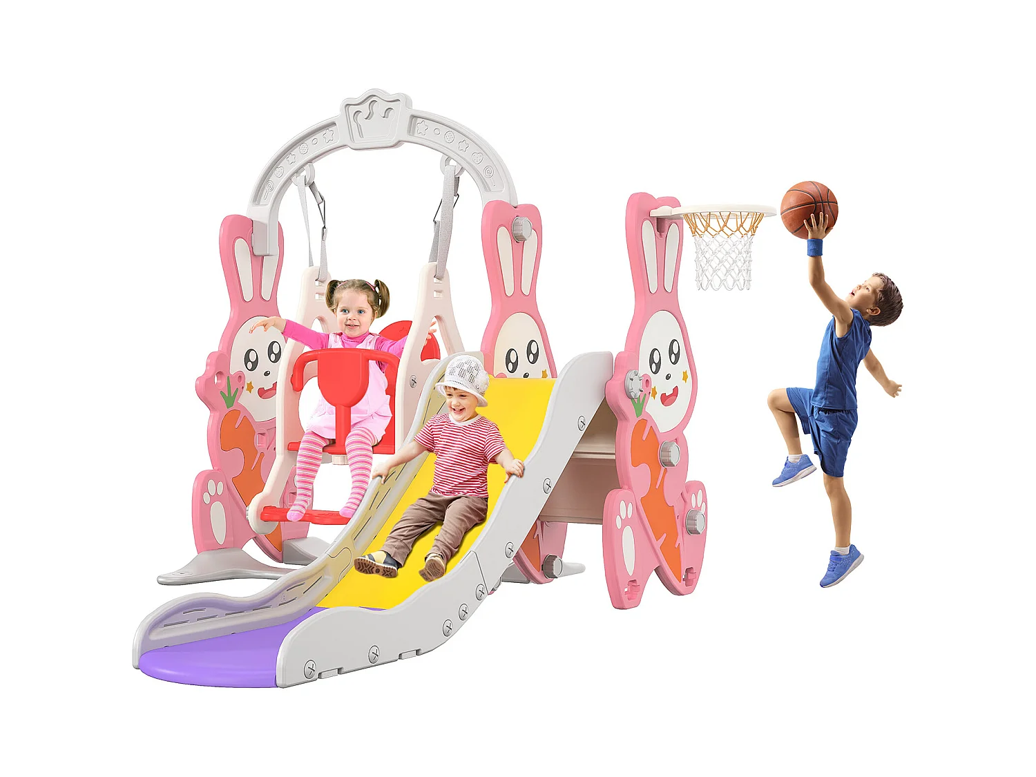 Toboggan lapin + balançoire + structure à balles rose