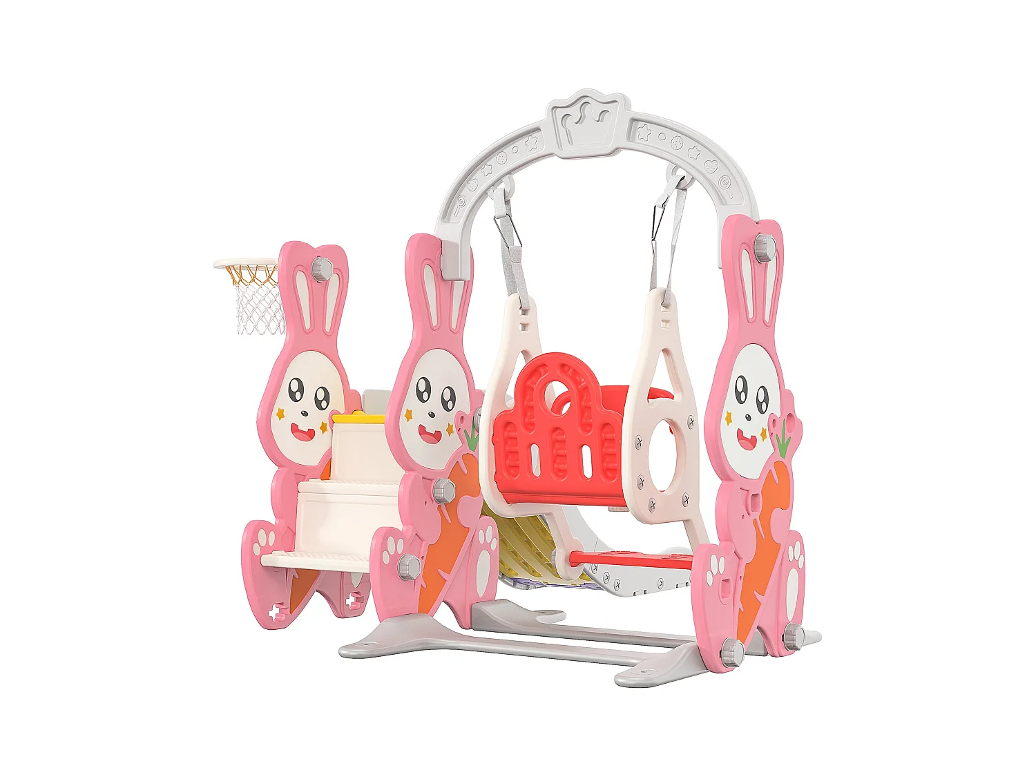 Toboggan lapin + balançoire + structure à balles rose