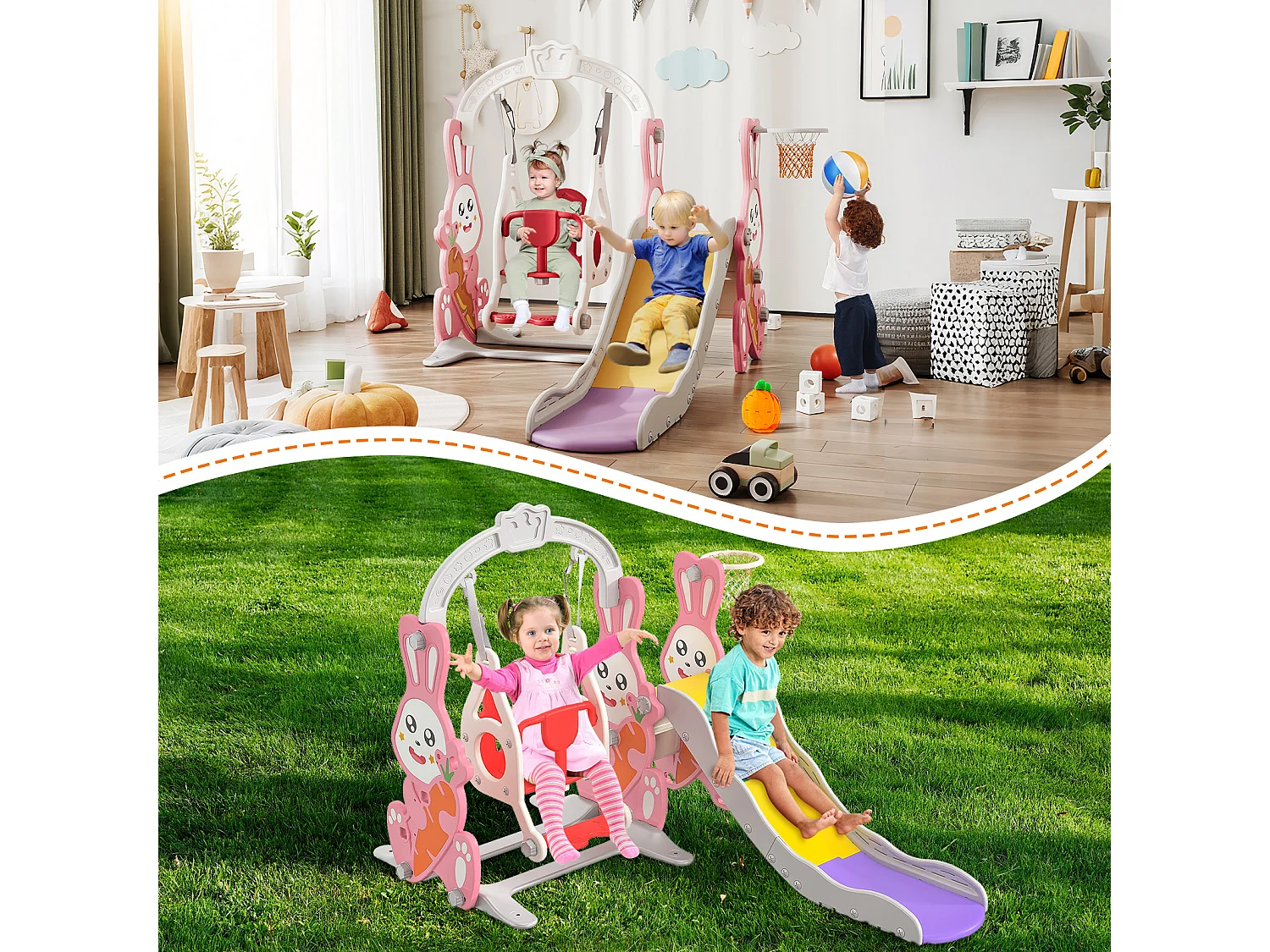 Toboggan lapin + balançoire + structure à balles rose