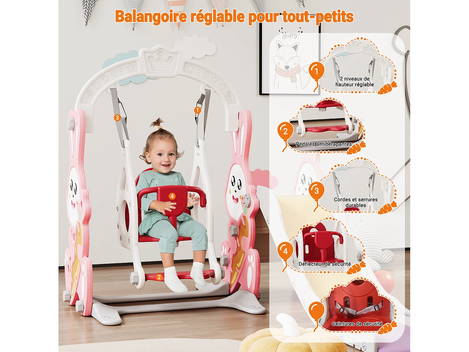 Toboggan lapin + balançoire + structure à balles rose