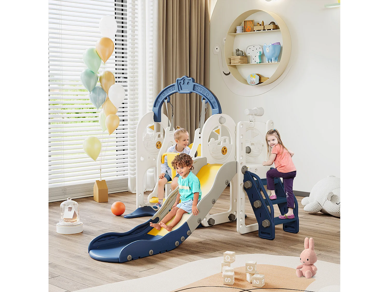 Scivolo nave pirata + altalena + struttura a sfera + telescopio blu