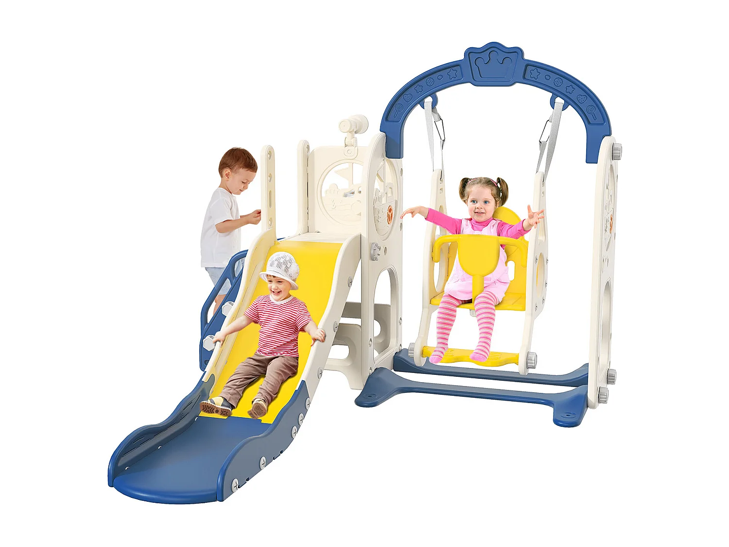 Scivolo nave pirata + altalena + struttura a sfera + telescopio blu