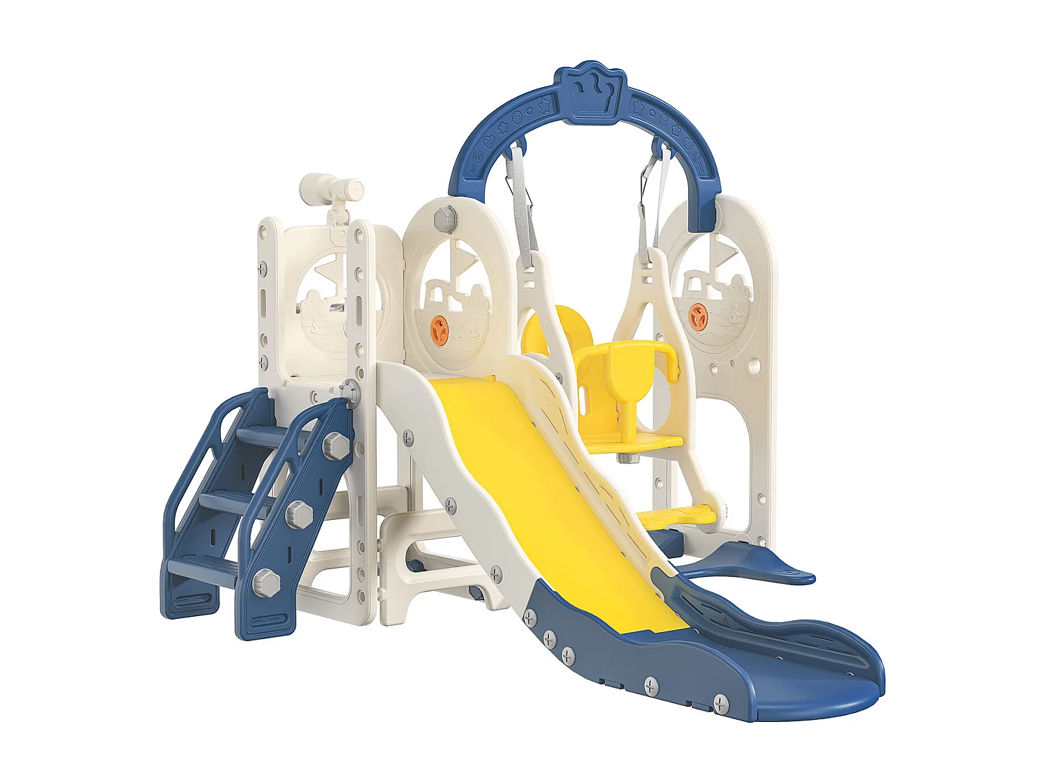 Scivolo nave pirata + altalena + struttura a sfera + telescopio blu