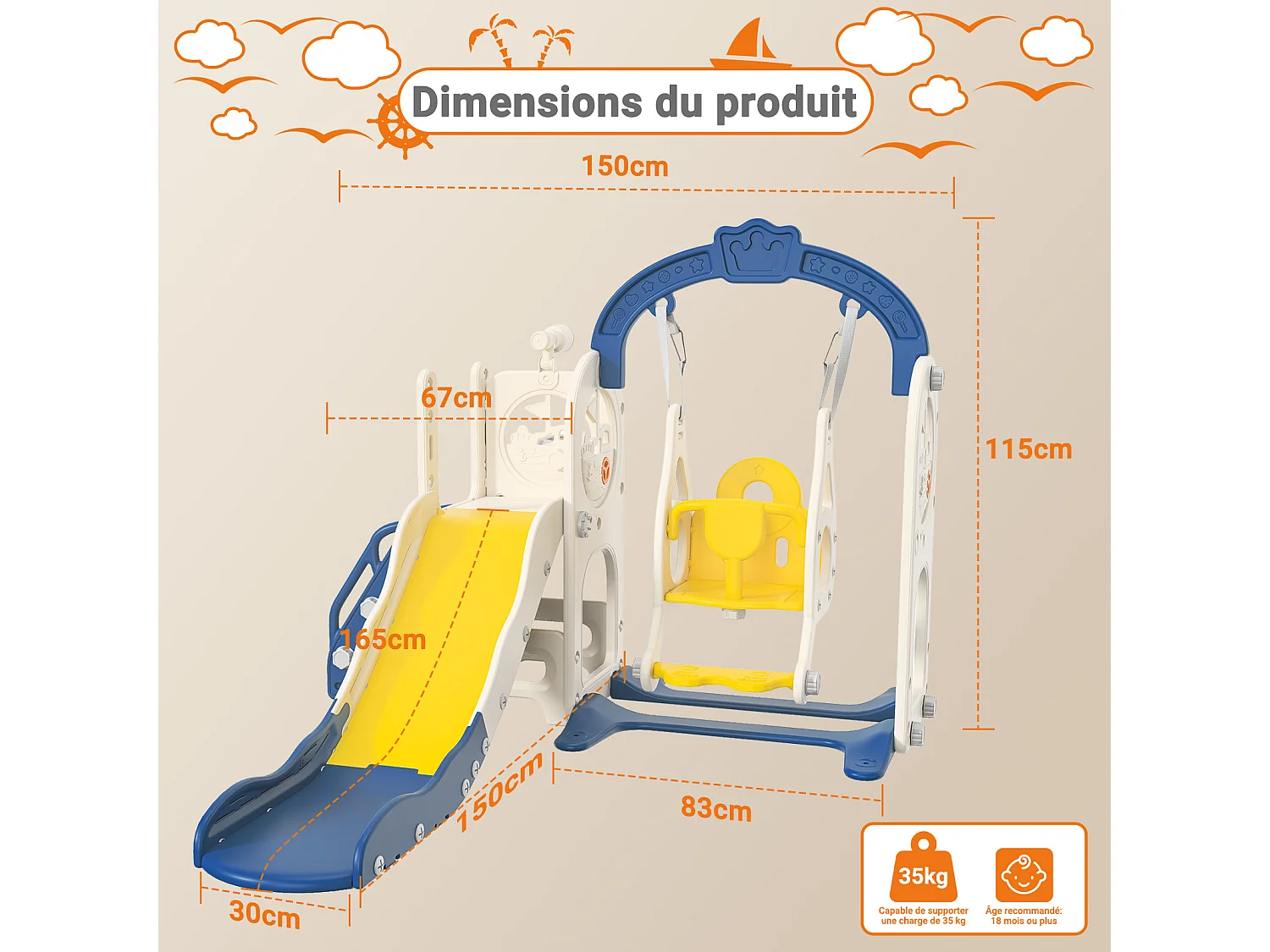 Scivolo nave pirata + altalena + struttura a sfera + telescopio blu