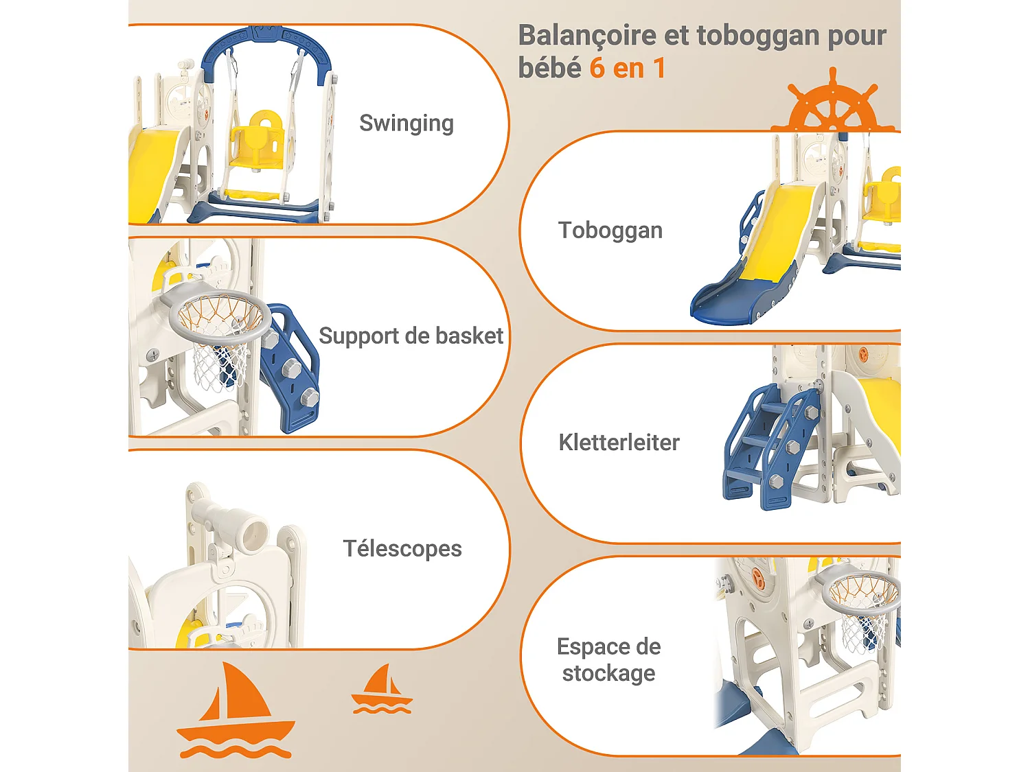 Scivolo nave pirata + altalena + struttura a sfera + telescopio blu