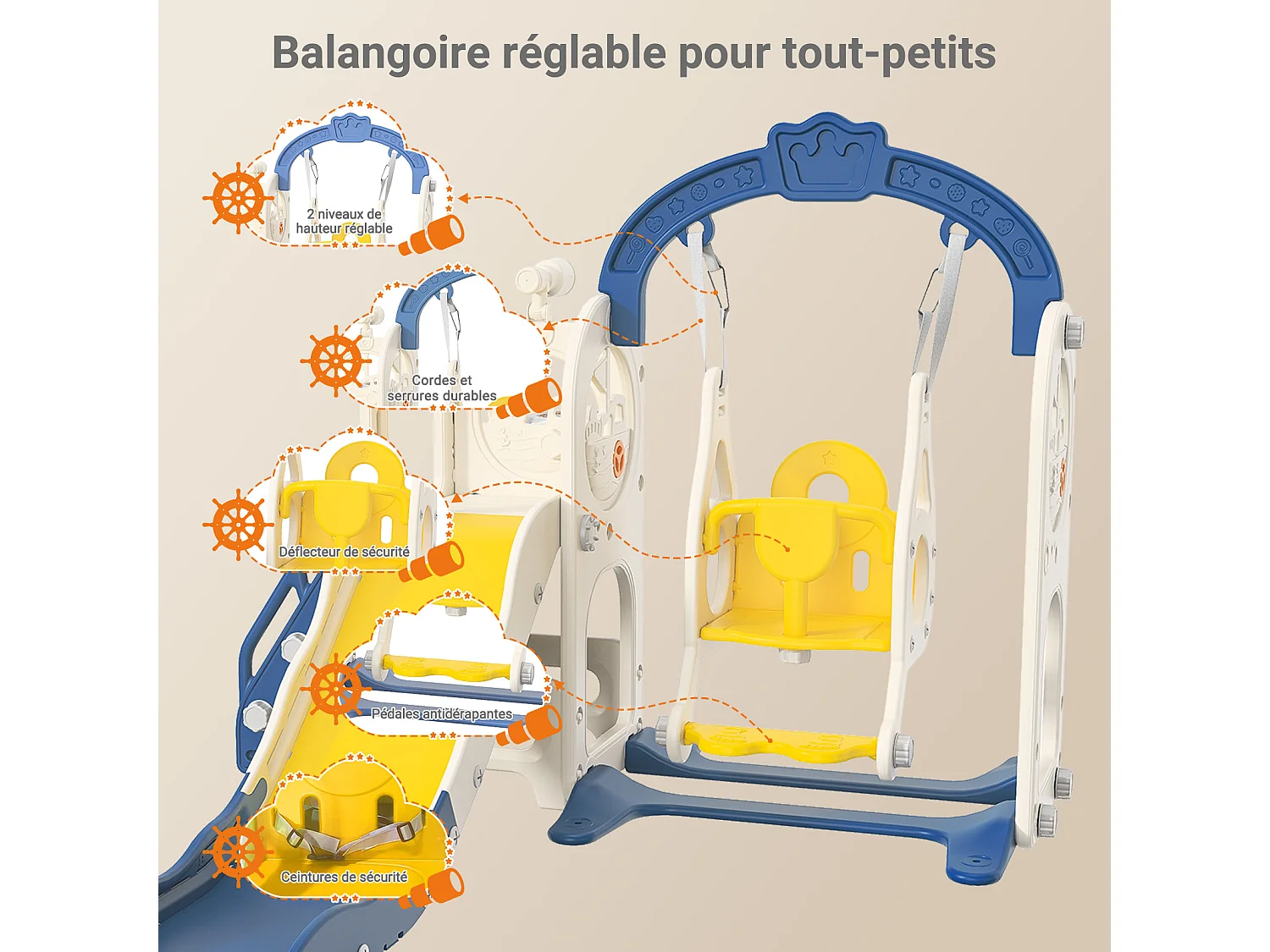 Scivolo nave pirata + altalena + struttura a sfera + telescopio blu