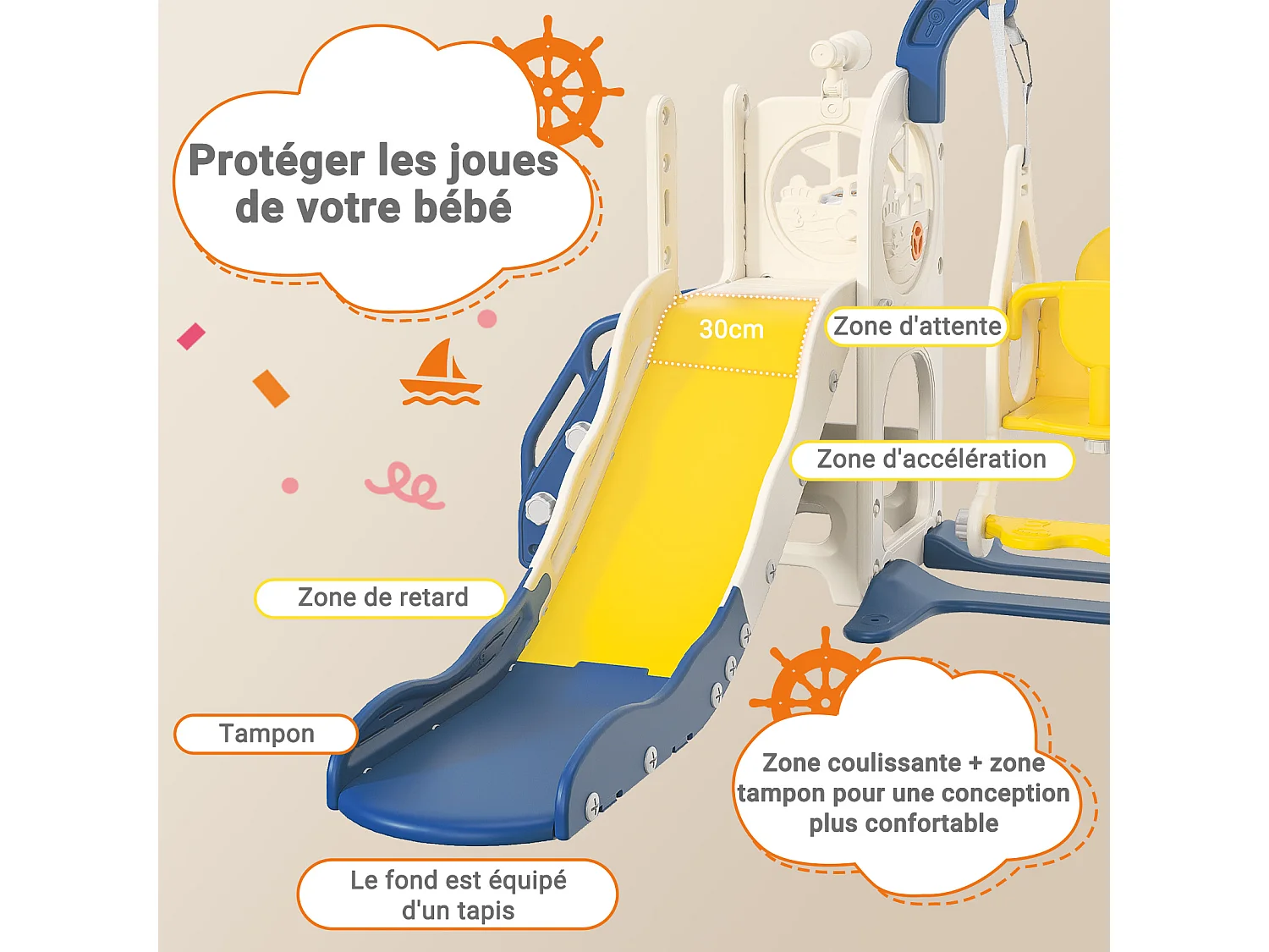 Scivolo nave pirata + altalena + struttura a sfera + telescopio blu