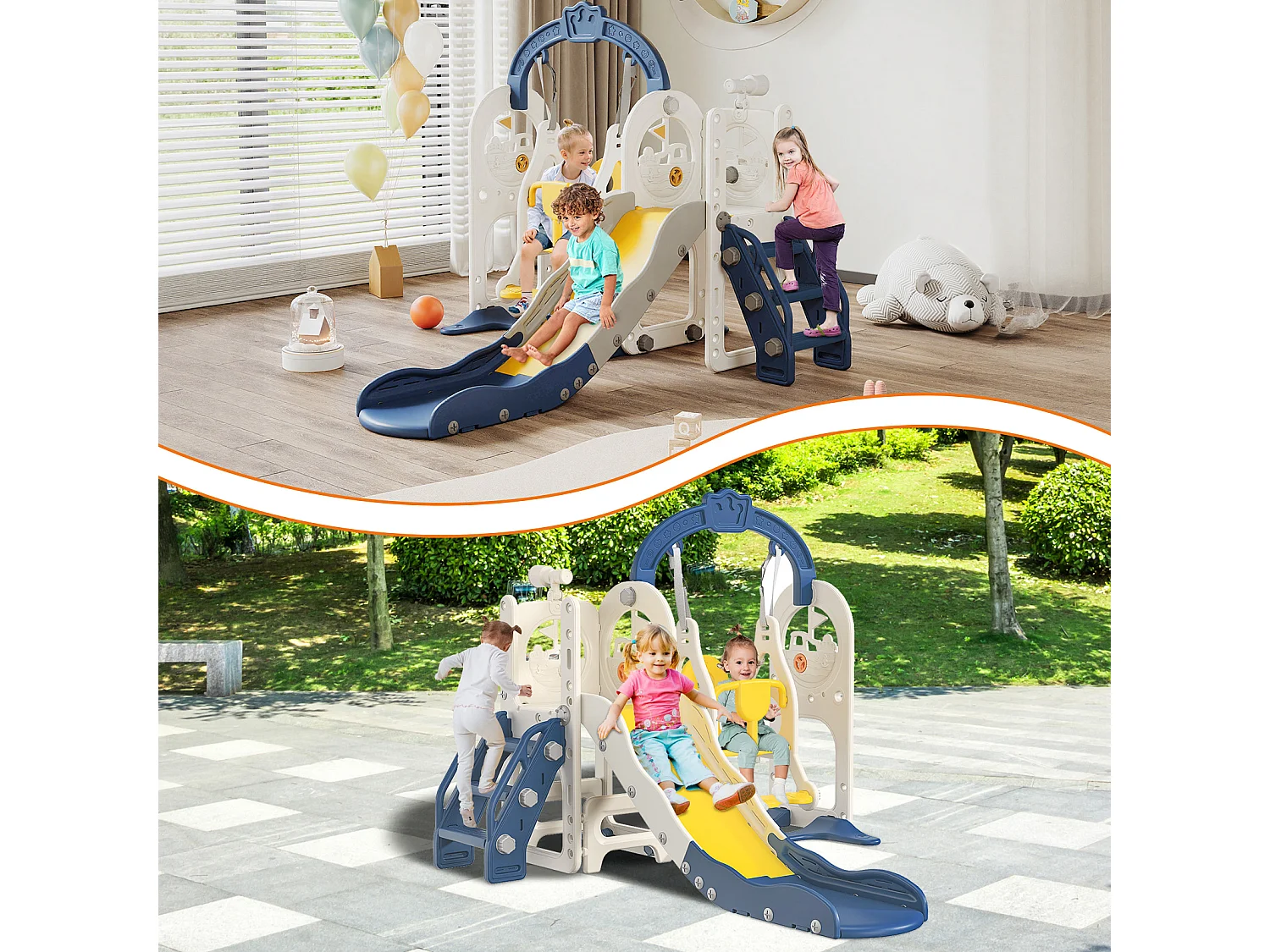 Scivolo nave pirata + altalena + struttura a sfera + telescopio blu
