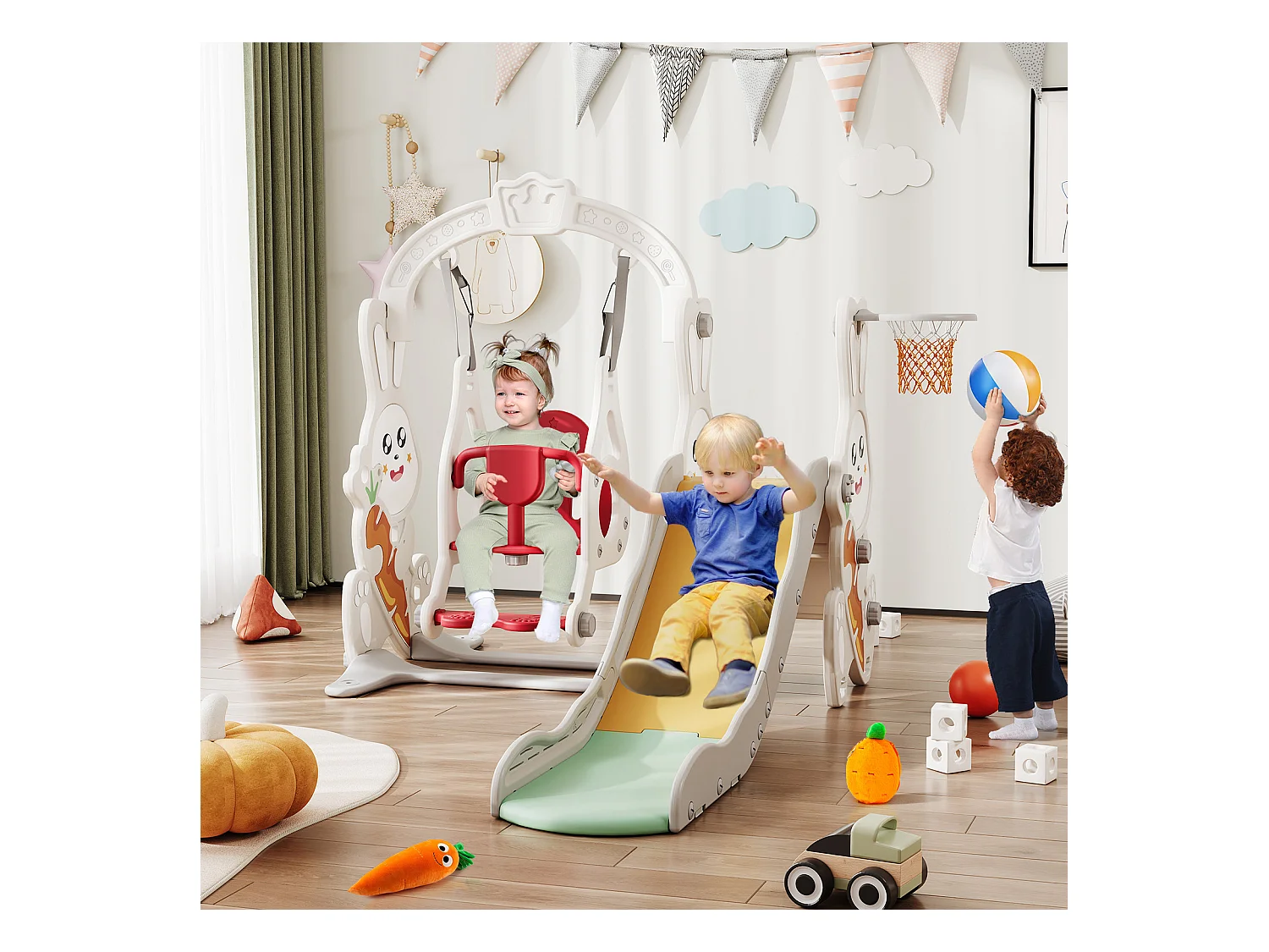 Konijnenglijbaan + schommel + ballenframe wit