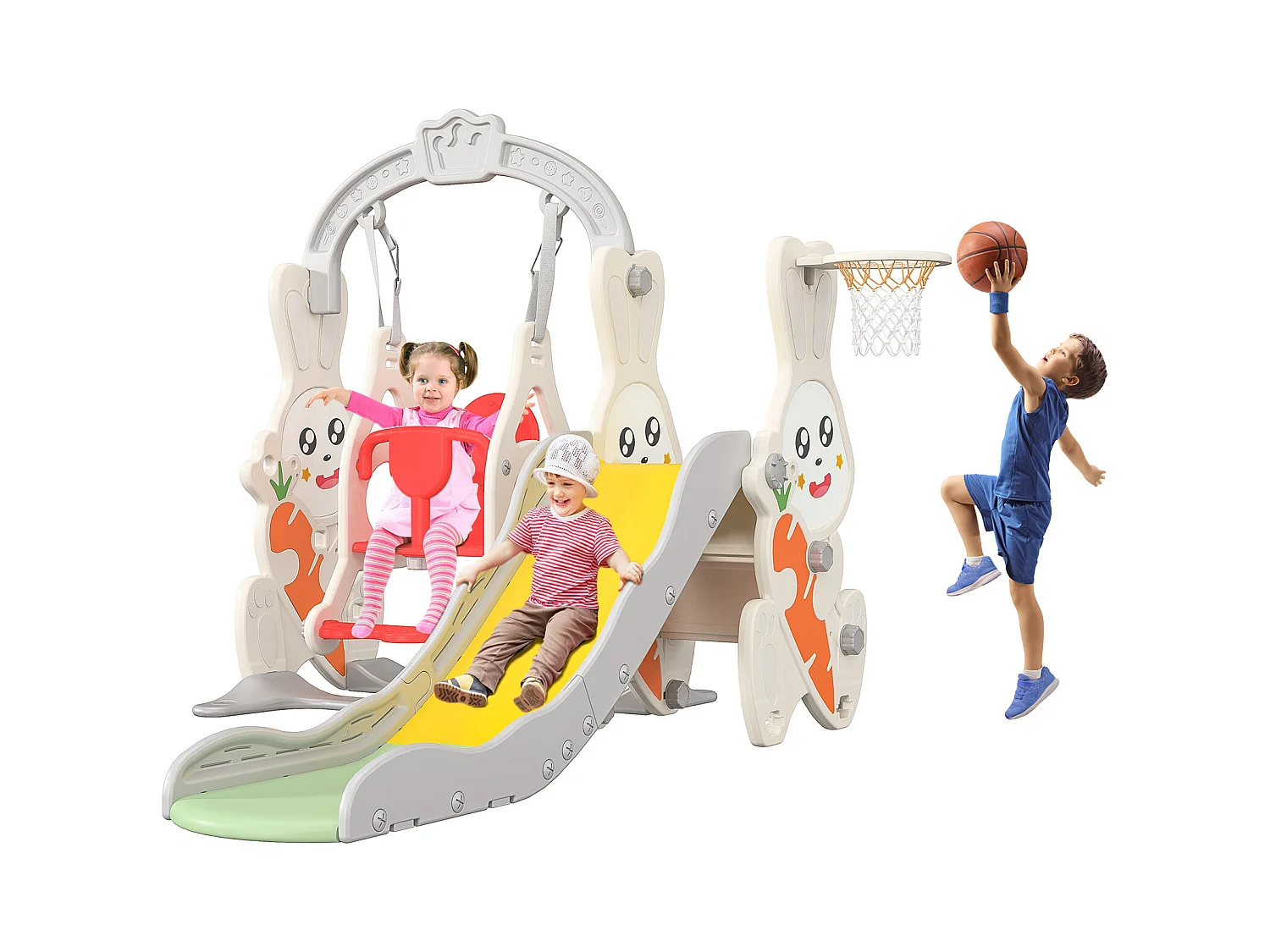 Konijnenglijbaan + schommel + ballenframe wit